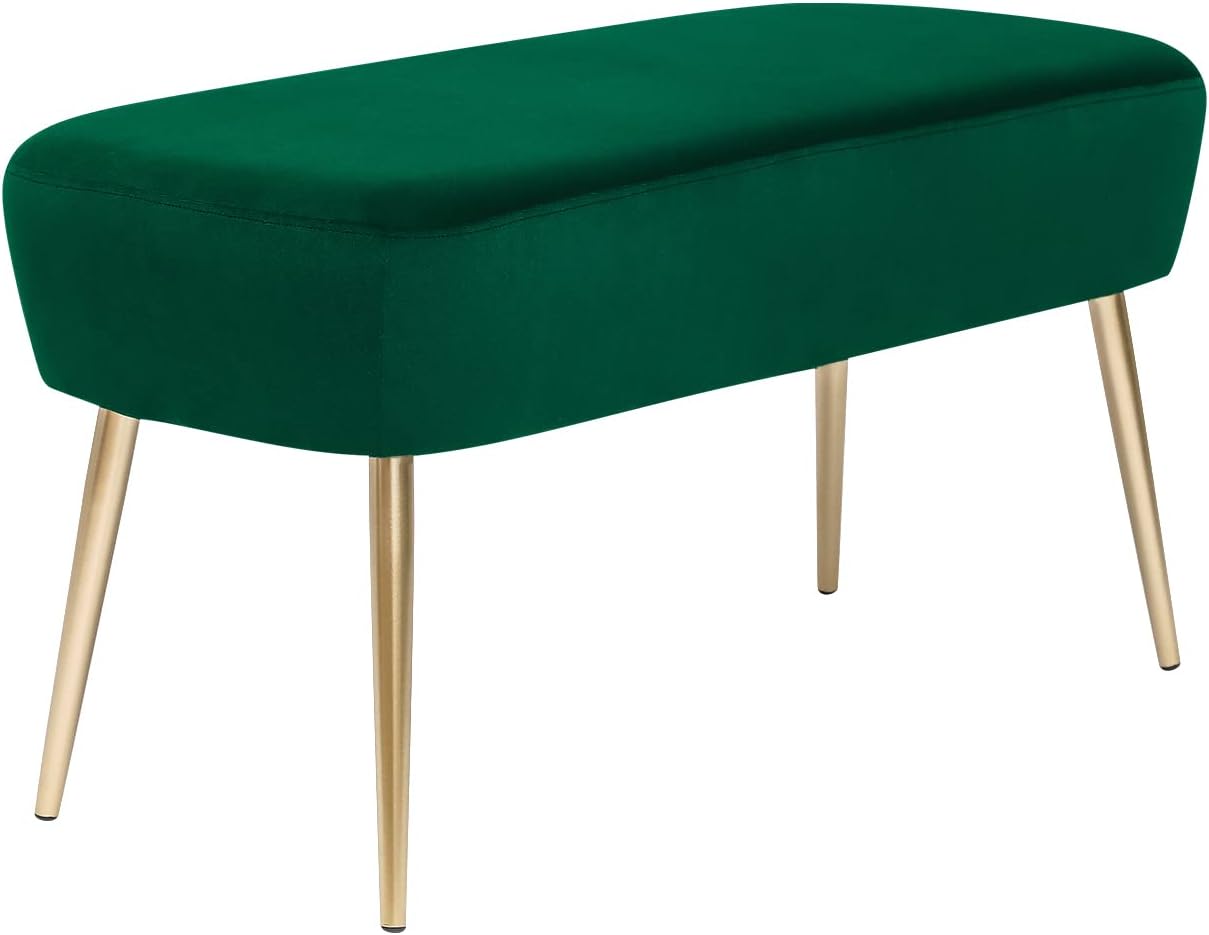 Adeco Upholstered Velvet Green Ottoman Bench, 35 inch Entryway Bench, End of Bed Bedroom Benches Footrest Stool with Golden Metal Legs for Bedroom, Living Room