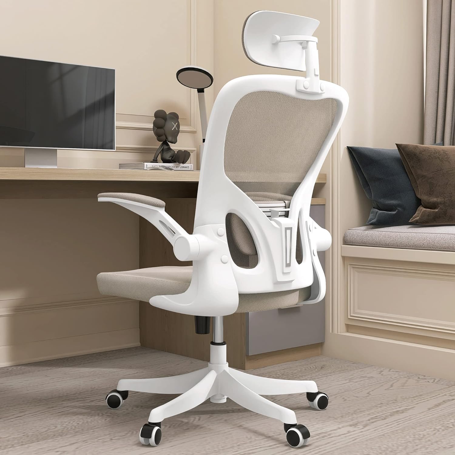 Monhey Ergonomic Office Chair with Lumbar Support & Headrest & Flip-up Arms Height Adjustable Rocking Home Office Desk Swivel High Back Computer Chair Warm Taupe Mesh Study Chair