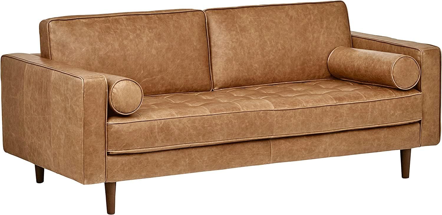 Amazon Brand  Rivet Aiden Mid-Century Modern Tufted Leather Loveseat Sofa, 74W, Cognac Leather