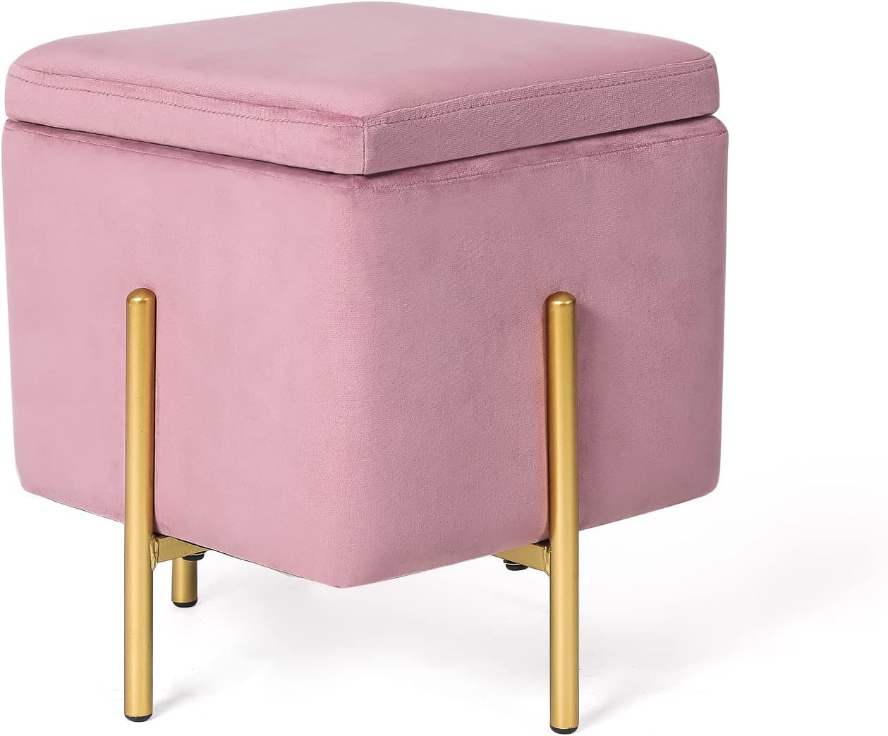 Adeco Upholstered Tufted Square Storage Ottomans, Pink Modern Velvet Footrest Ottomans with Storage for Couch Small