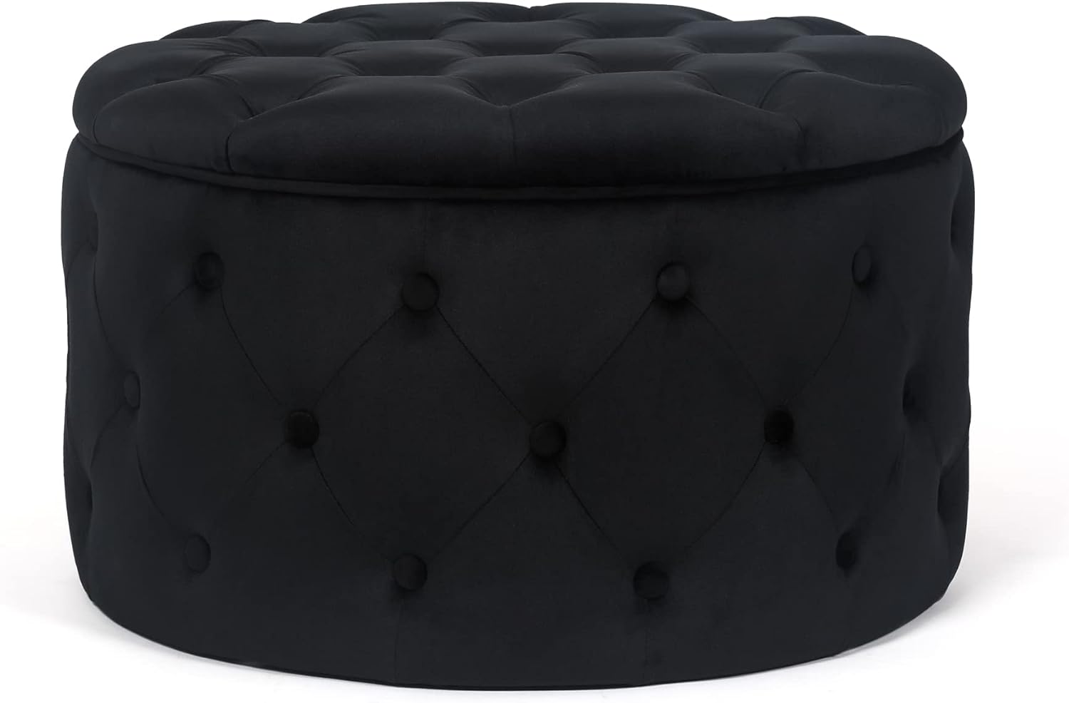 Adeco Modern 24.8 Inch Black Round Storage Ottomans Chair, Button Tufted Upholstered Ottoman Footstool with Storage for Living Room Bedroom