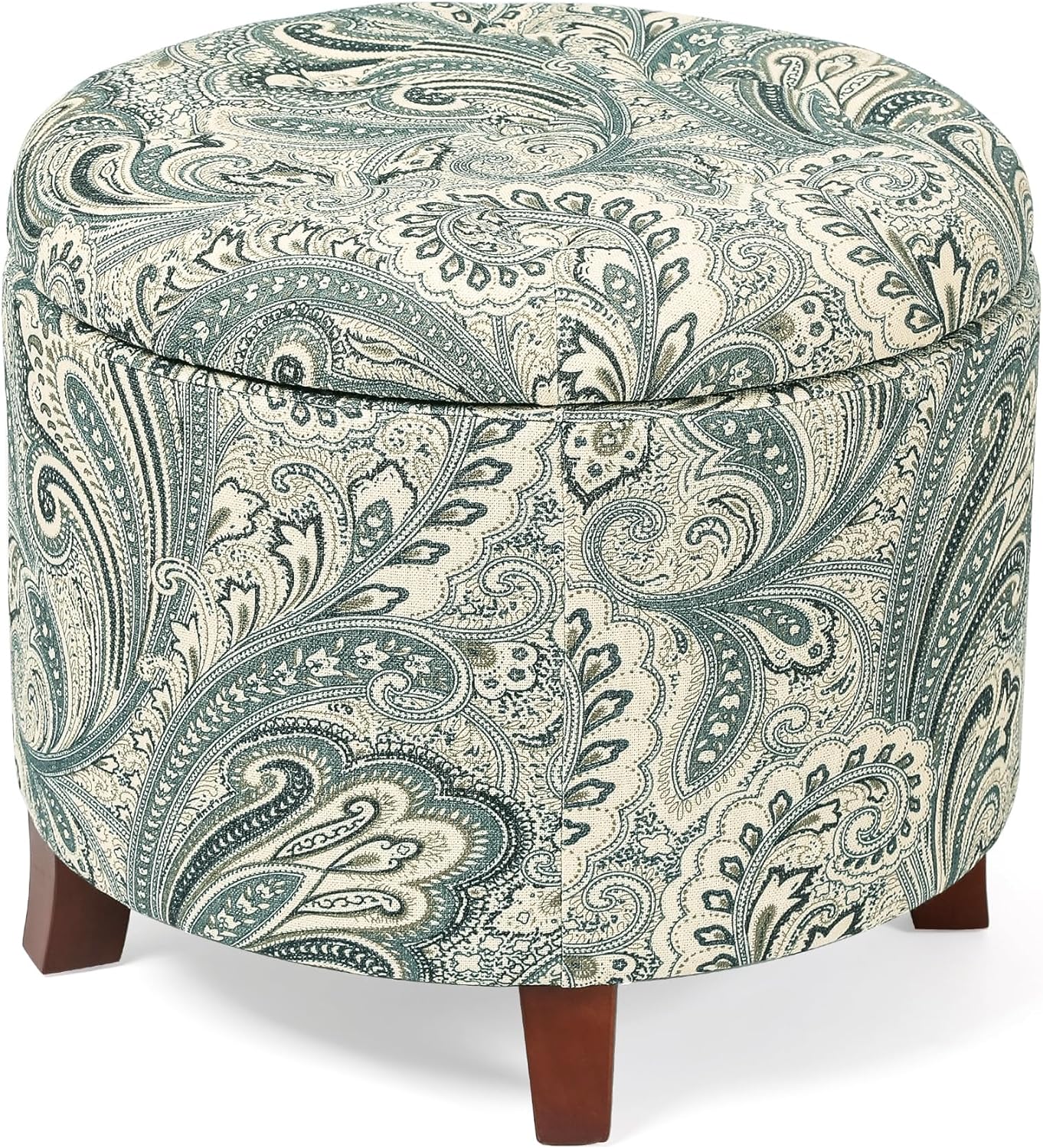 Adeco 20 Tufted Round Ottoman with Storage - Storage Ottoman with Lid- Blue and Green Boho Paisley Fabric Upholstered Footstool Footrest with Sturdy Wood Legs