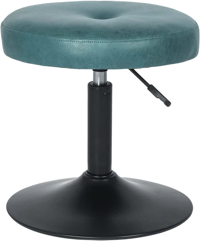 Adeco Modern Round Blue Vanity Stool Chair for Makeup Room, Leathaire Height Adjustable 360 Swivel Foot Stools Piano Stool with Chromed Metal Base for Living Room, Bathroom, Office