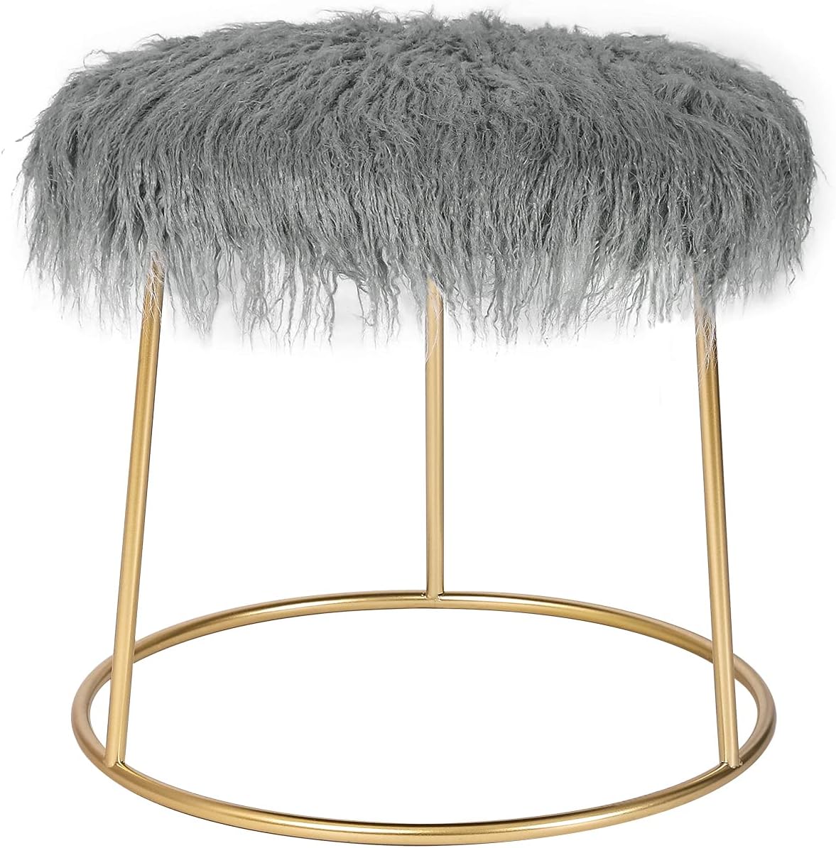 Adeco Fluffy Grey Vanity Chairs Stools 16 Height for Makeup Room, Small Fuzzy Faux Fur Chairs for Little Girls, Round Ottomans Foot Rest Sools for Bedroom, Living Room