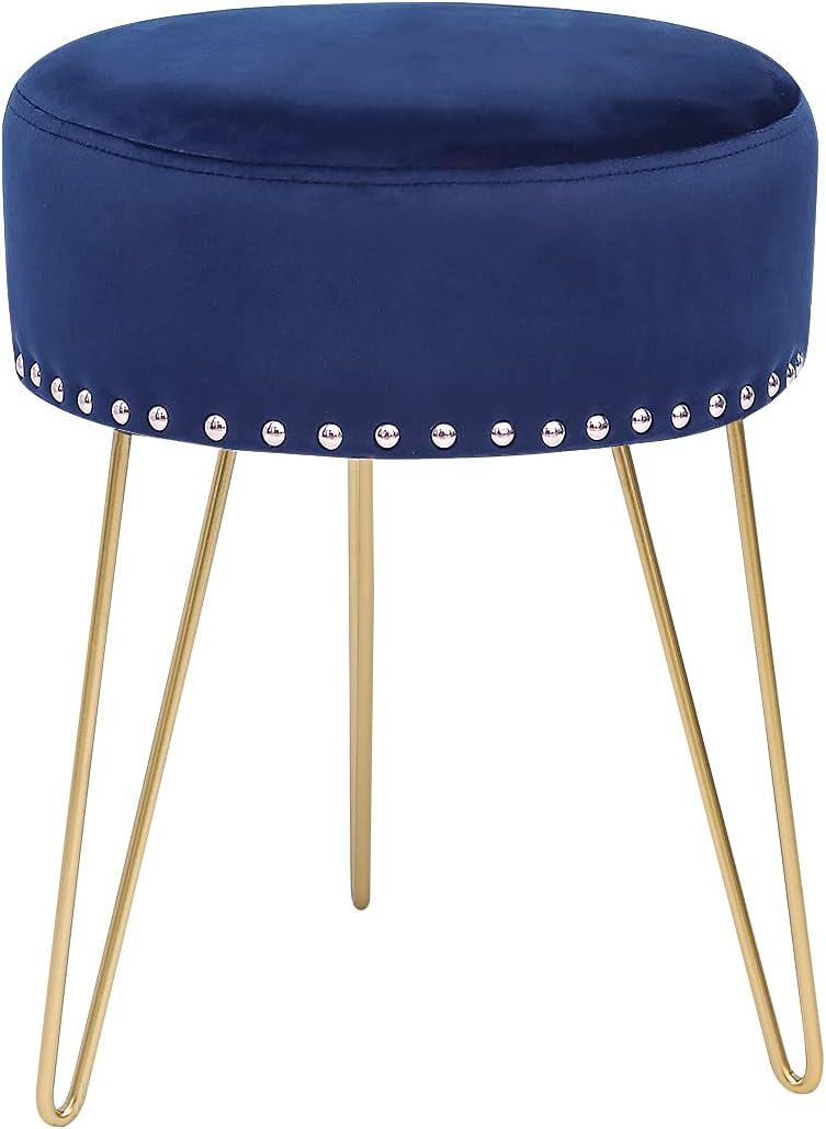 Adeco Round Navy Blue Vanity Stool Chair, Upholstered Makeup Foot Stool Rest Ottoman with Gold Metal Legs for Makeup Room, Living Room