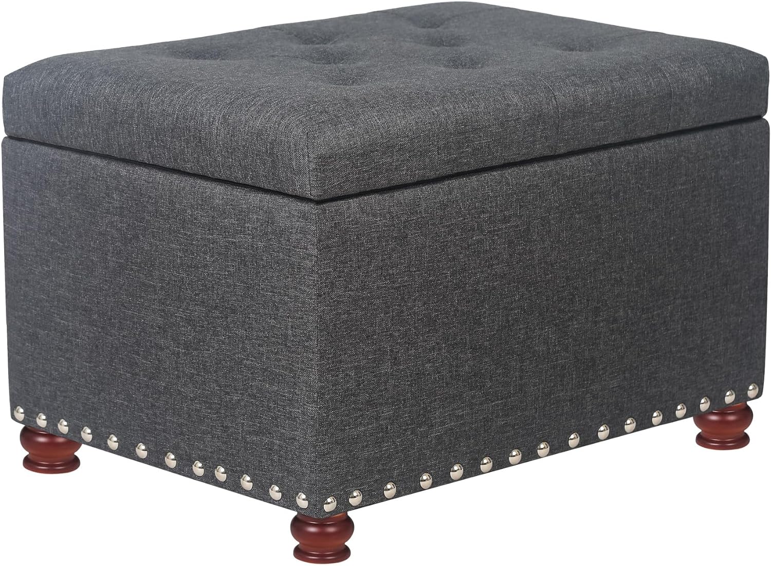 Adeco 24 Rectangular Fabric Storage Ottoman, Button Tufted Accents Linen Bench with Storage, Rivet Footstool with Wooden Legs and Safety Close Hinge for Living Room Bedroom Entryway (Black Grey)