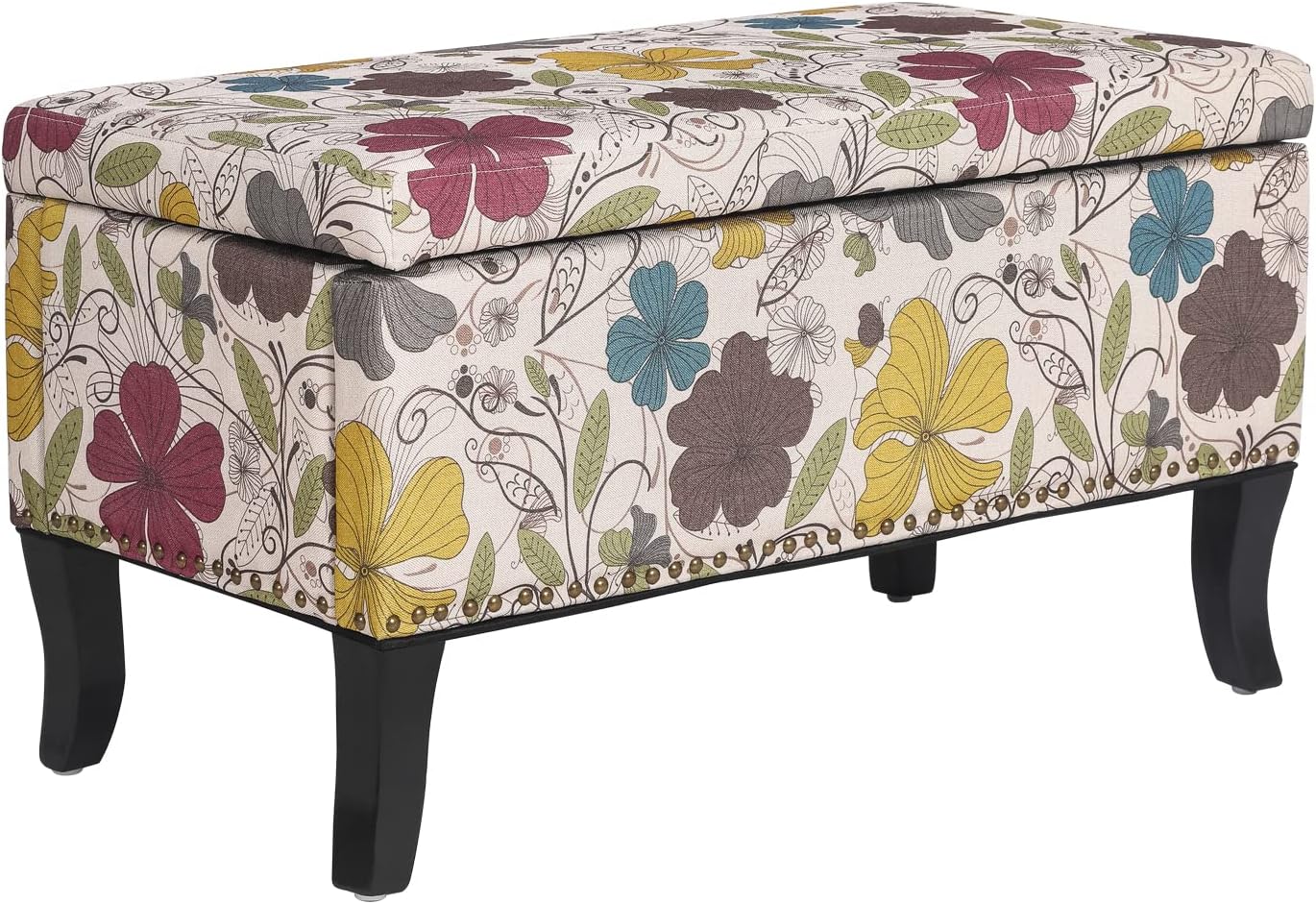 Adeco 32 inch Rectangular Storage Ottoman Bench, Floral Printed Linen Upholstered Ottoman Foot Rest, Fabric Ottoman Bench with Wooden Legs for Living Room, Entryway or Bedroom