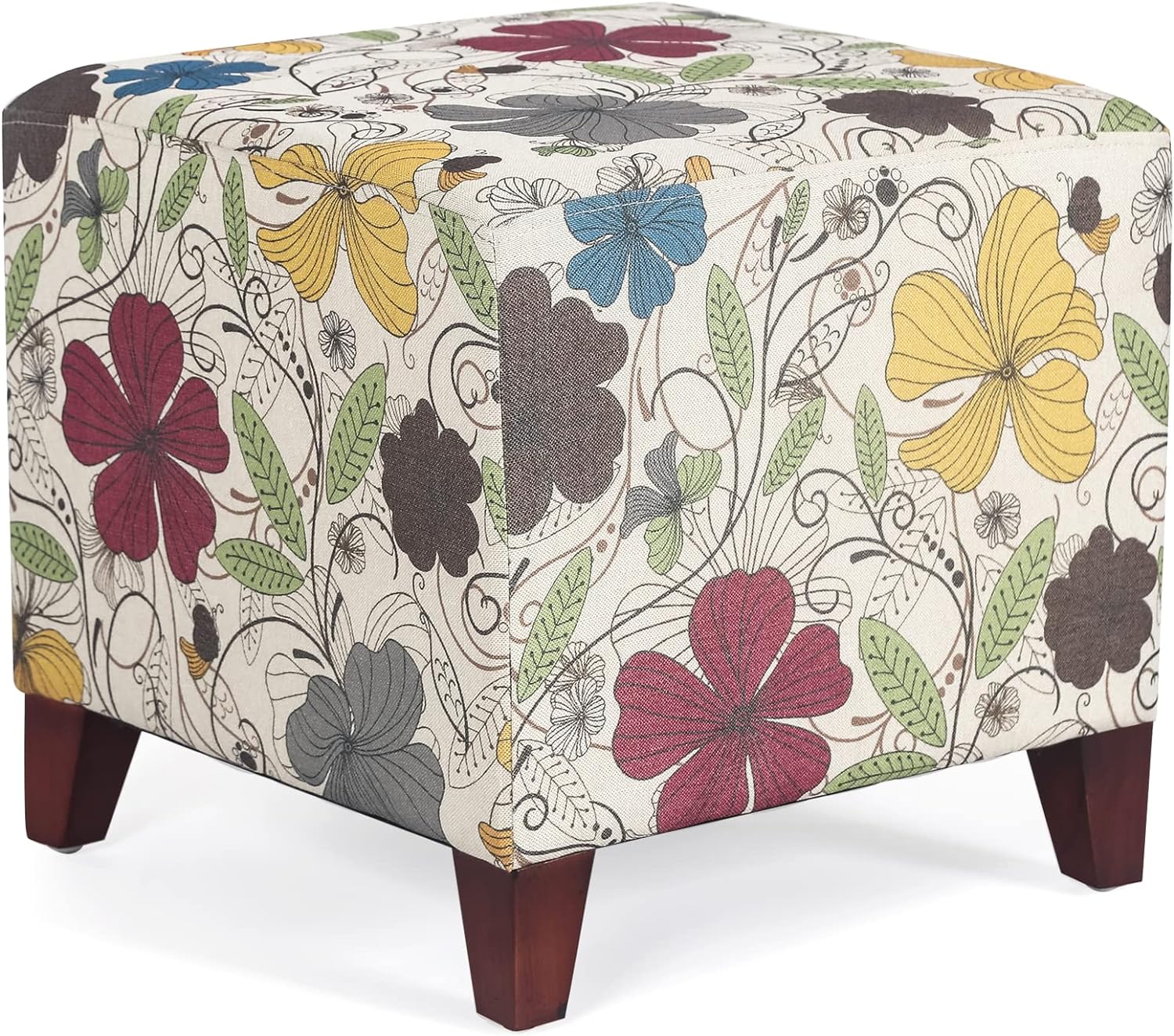 Adeco Floral Printed Linen Cube Ottoman Footstool,Square Foot Rest Stools Coffee Table,Square Seat with Wooden Legs for Living Room, Couch, Desk (Floral Printed)