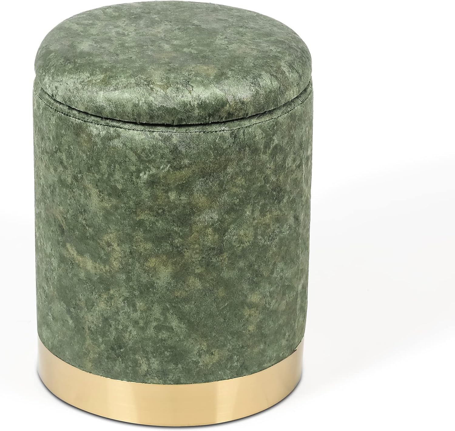 Adeco Round Upholstered Velvet Storage Ottoman with Gold Metal Base, Makeup Vanity Chair Soft Compact Padded Seat Footrest Stool for Living Room Bedroom (Green)