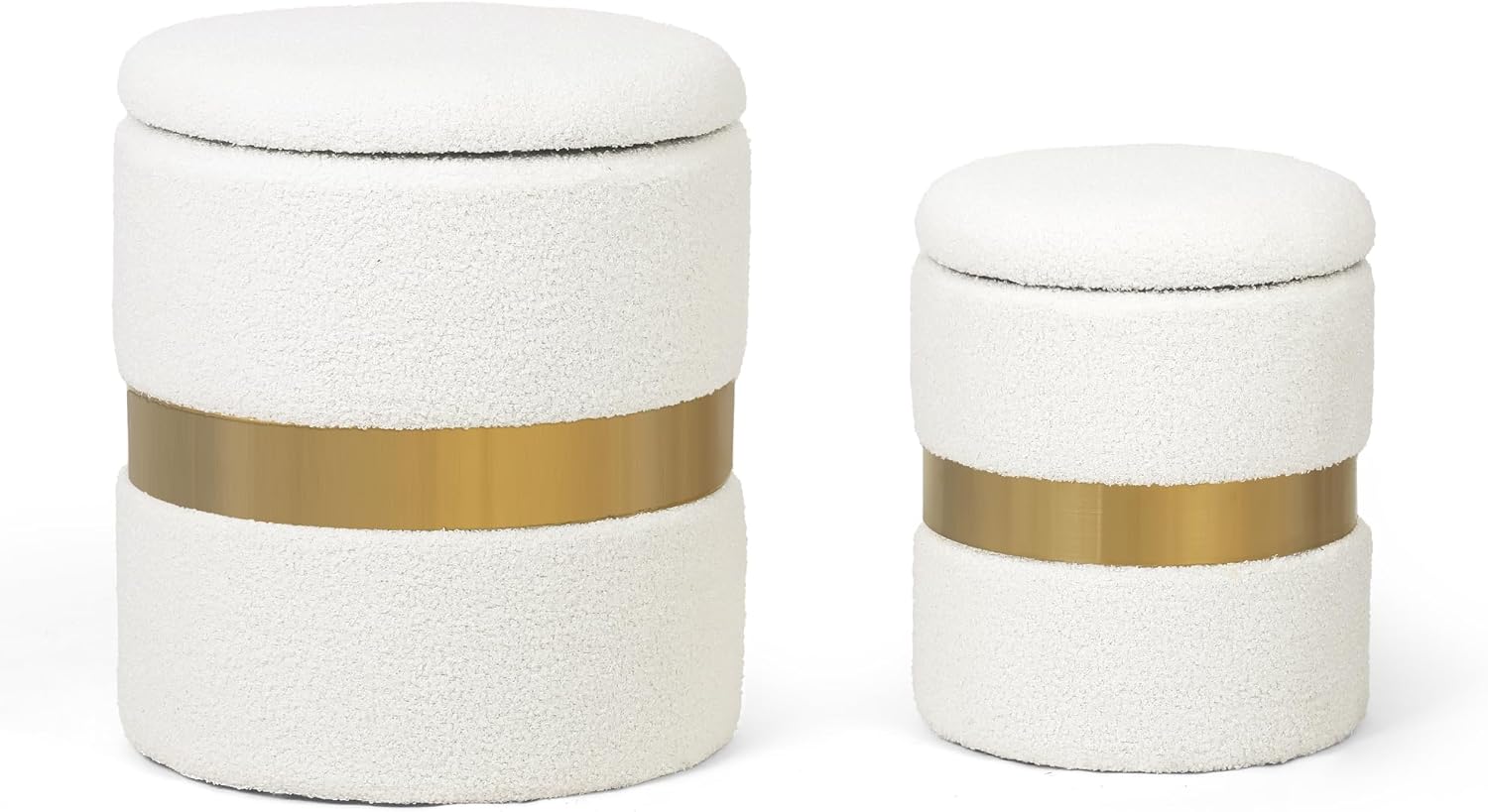 Adeco Round Storage Ottoman Set of 2, Teddy Fleece Vanity Stool, Modern Faux Fur Padded Footrest Stool Seat Footstool with Gold Metal Hoop for Living Room Bedroom, White