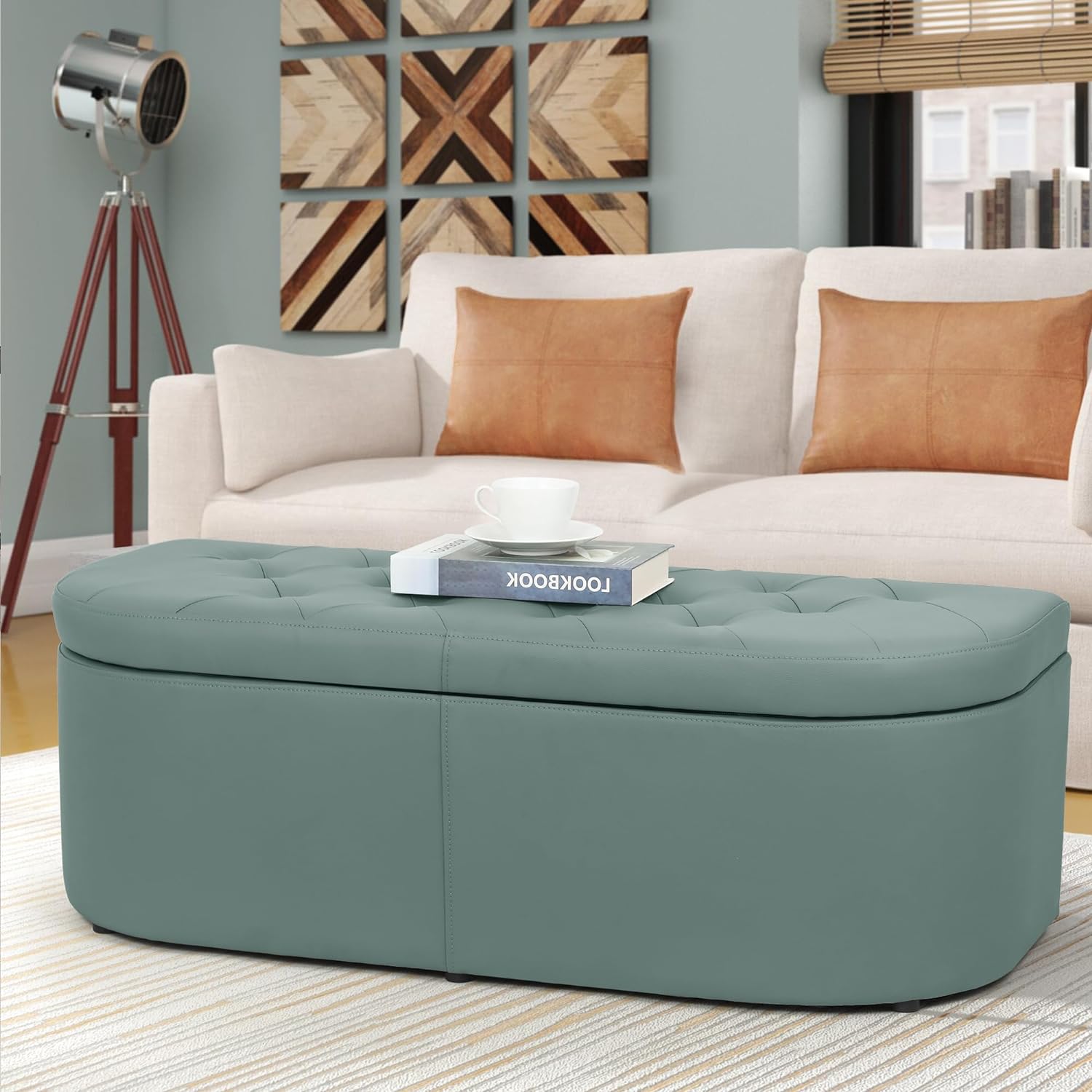 Adeco 44.5 inches Long Storage Ottoman Bench, PU Leather Tufted Coffee Table Footstool, Greyish Green