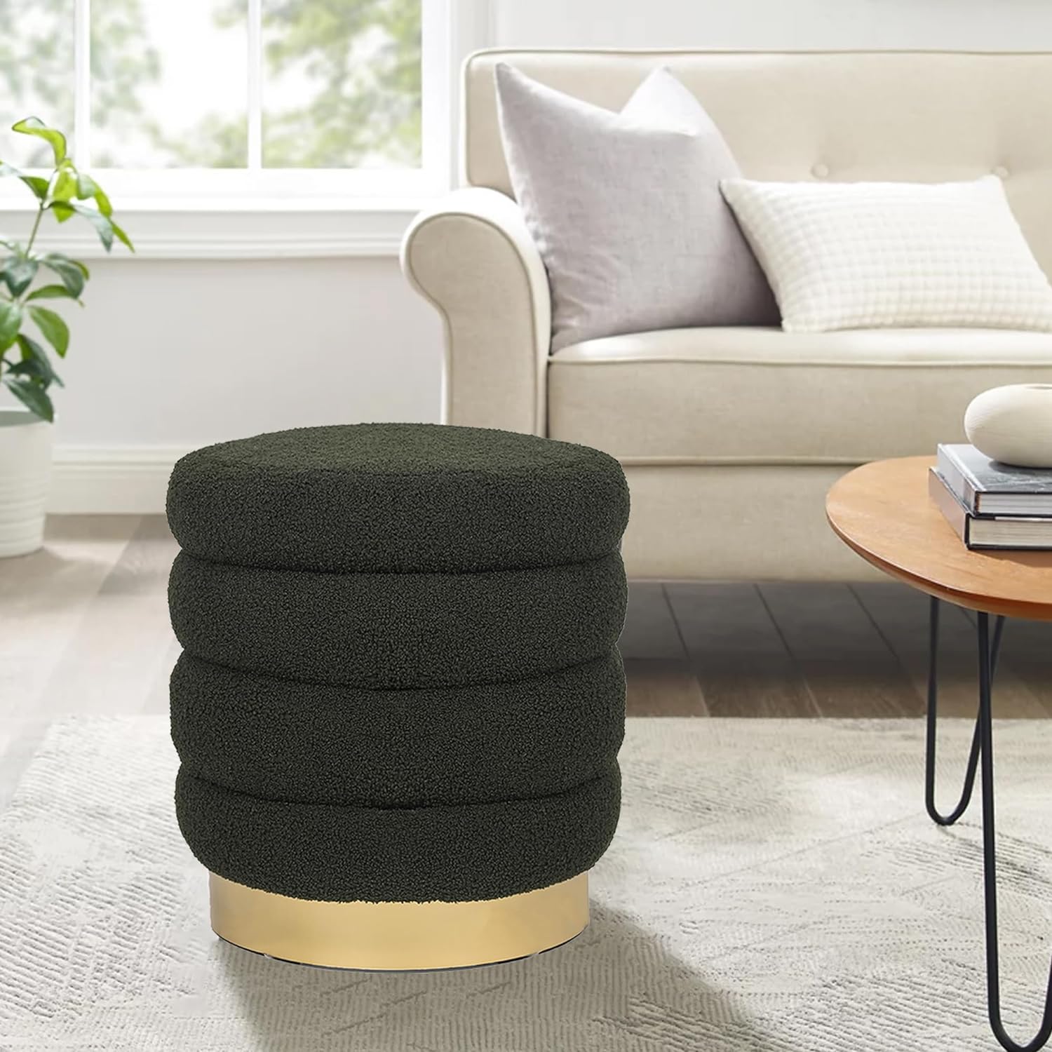 Adeco Round Ottoman Teddy Fleece Vanity Stool Chair with Metal Base, Modern Padded Footrest Stool Seat Footstool for Living Room Bedroom, Dark Green