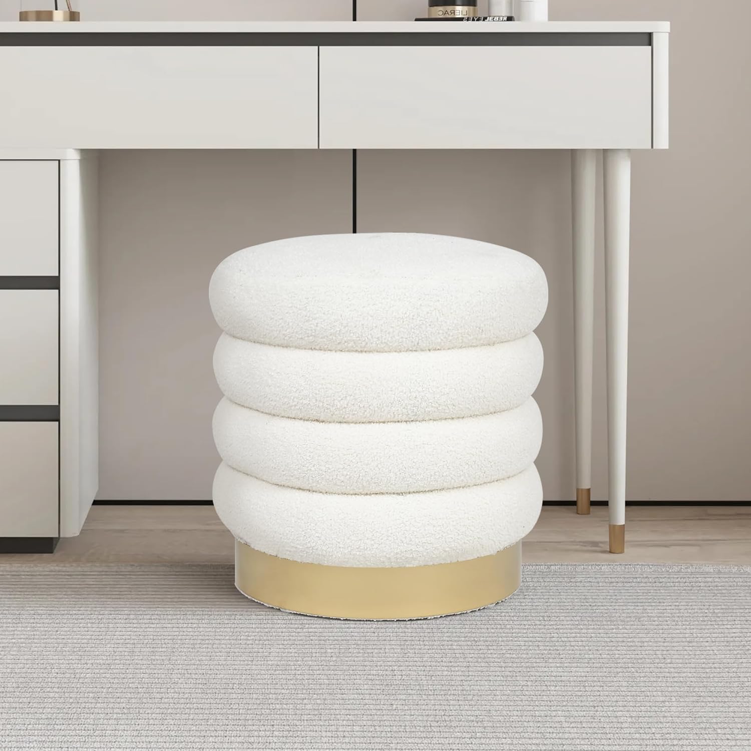 Adeco Round Ottoman Teddy Fleece Vanity Stool Chair with Metal Base, Modern Padded Footrest Stool Seat Footstool for Living Room Bedroom, White