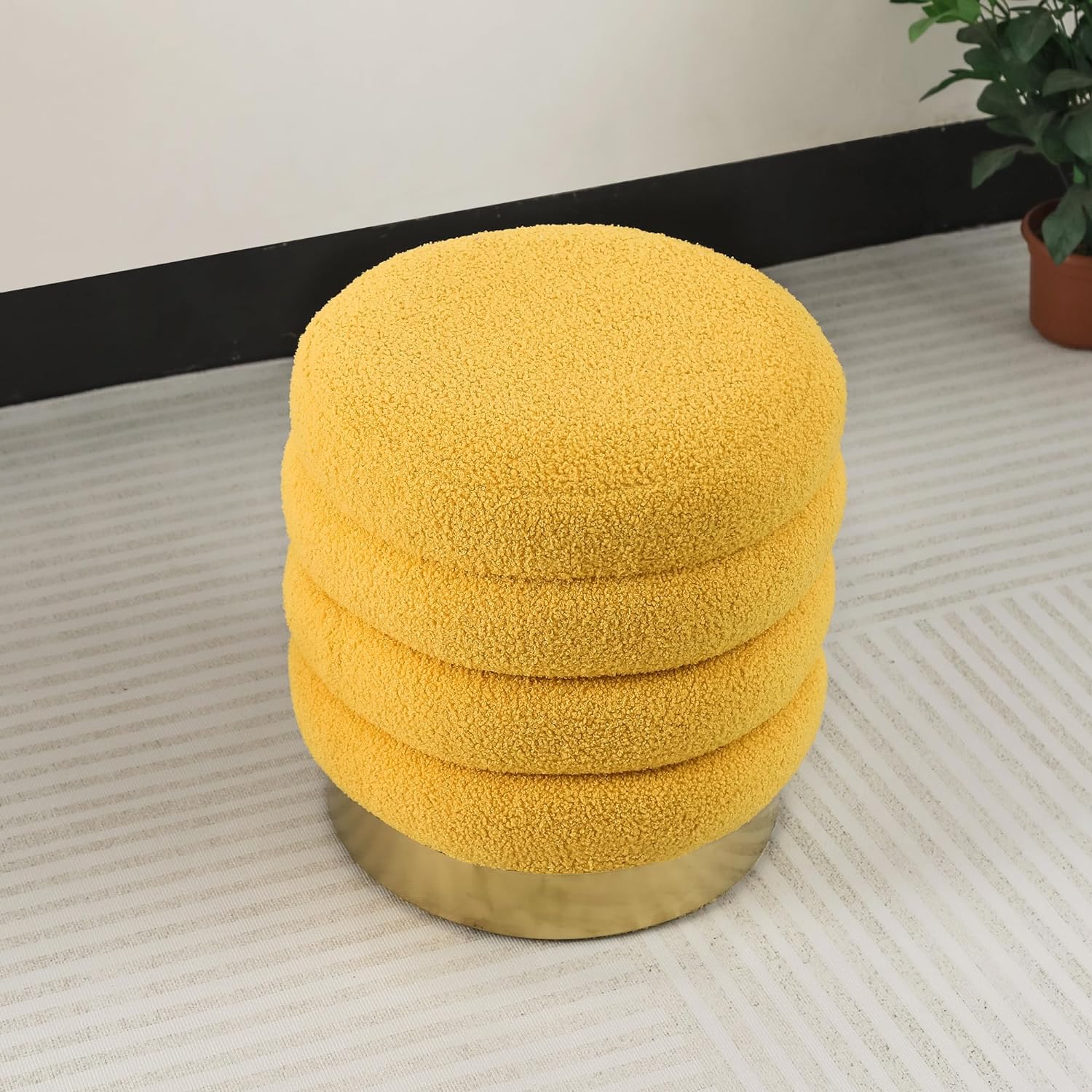 Adeco Round Ottoman Teddy Fleece Vanity Stool Chair with Metal Base, Modern Padded Footrest Stool Seat Footstool for Living Room Bedroom, Bright Yellow