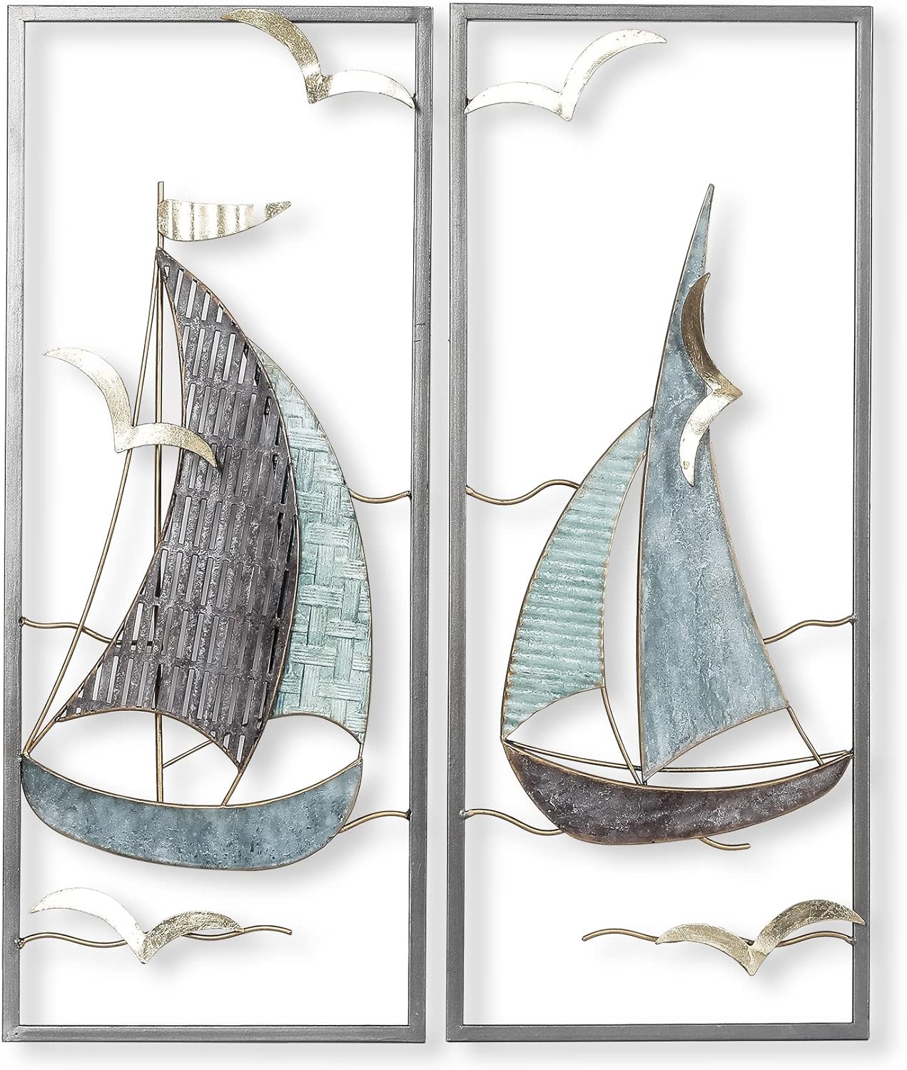 Adeco 3D Metal Sailboat Wall Art Set of 2, Handmade Antique Finishing 24 inch Metal Wall Sculptures Nautical Decor Ornaments for Home Hotel Living Room Bedroom Dining Room