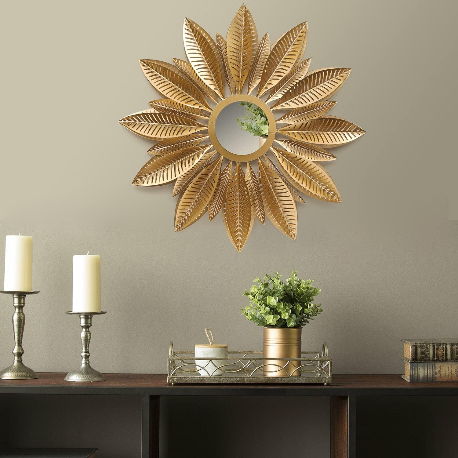 Adeco Sunburst Gold Mirrors 23.6 for Wall, Large Decorative Entry Wall Mirrors with Leaves for Bedroom, Bathroom, Living Room