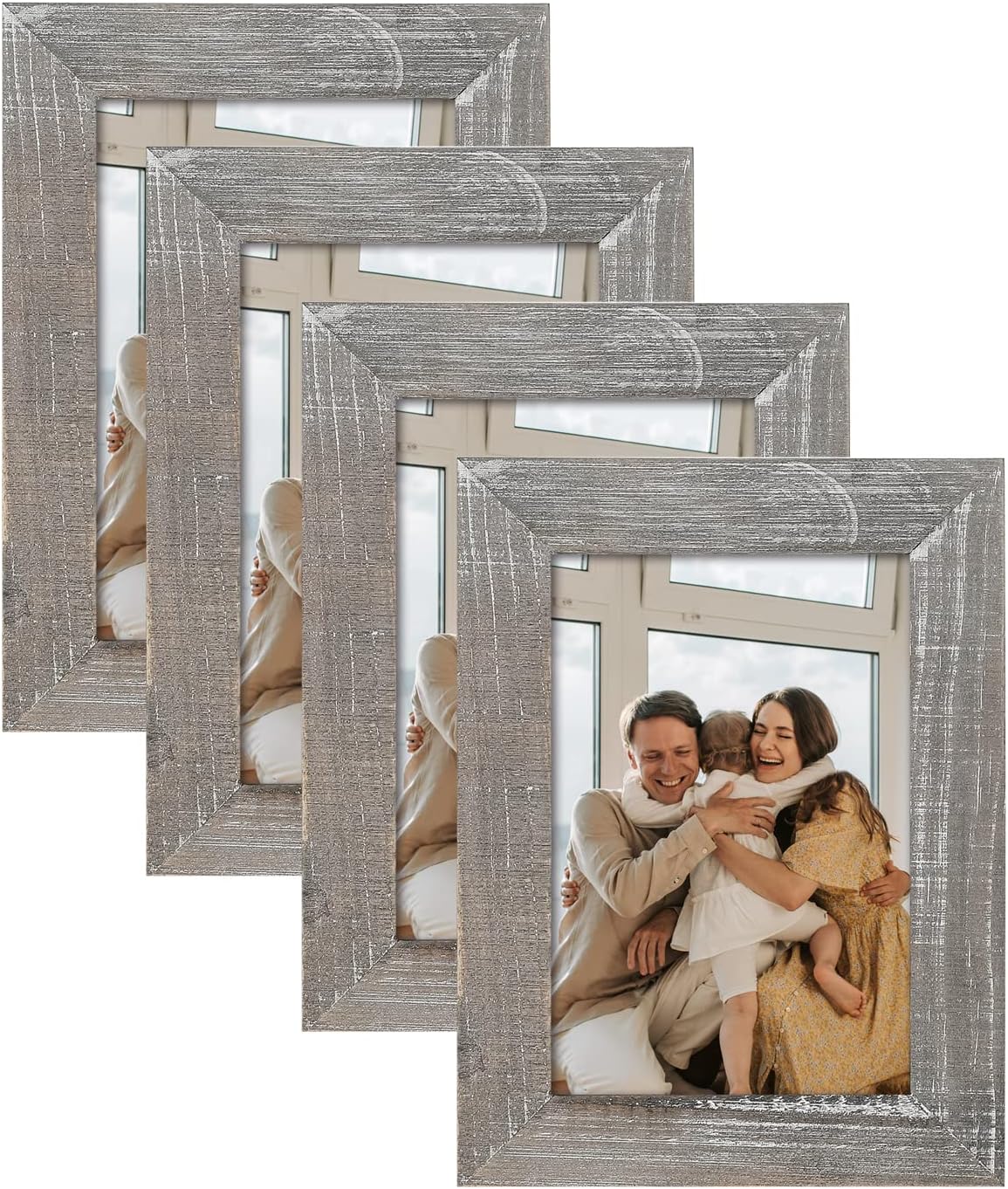 Adeco 4x6 Wooden Picture Frame Set Handcrafted Distressed Farmhouse Wall Decor for Wall Hanging and Tabletop, Rustic Gray and Brown, Set of 4