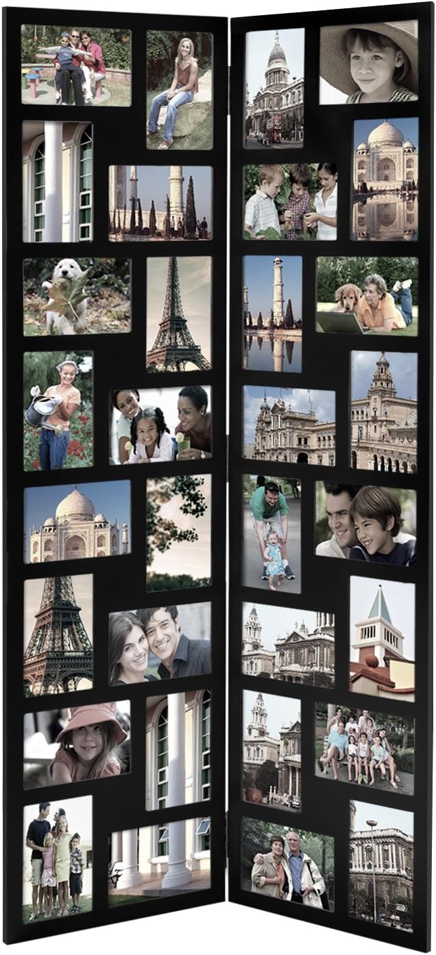 Adeco PF0545 Black Wood Hinged Folding Screen-Style Collage Picture Photo Frame 32 Openings, 4x6