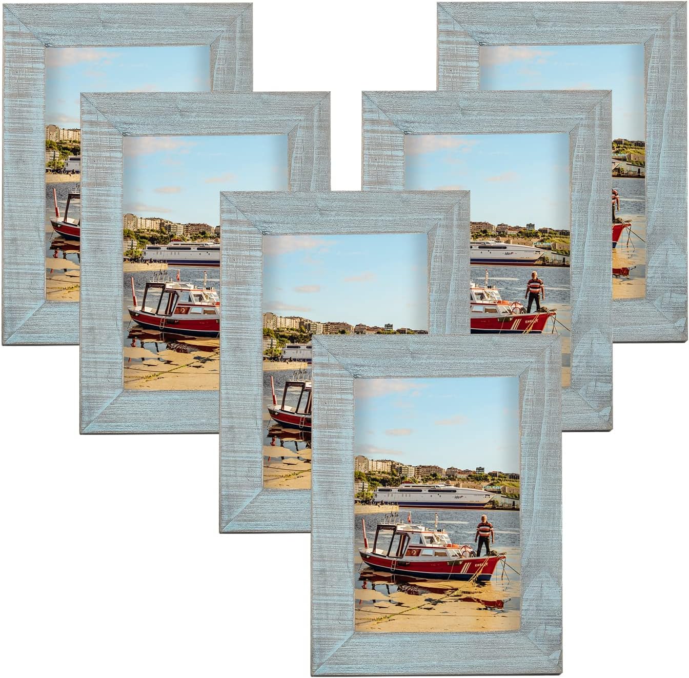 Adeco 4 x 6 Inch Wooden Picture Frame Set Handcrafted Distressed Farmhouse Wall Decor for Wall Hanging and Tabletop, Light Blue, Set of 6