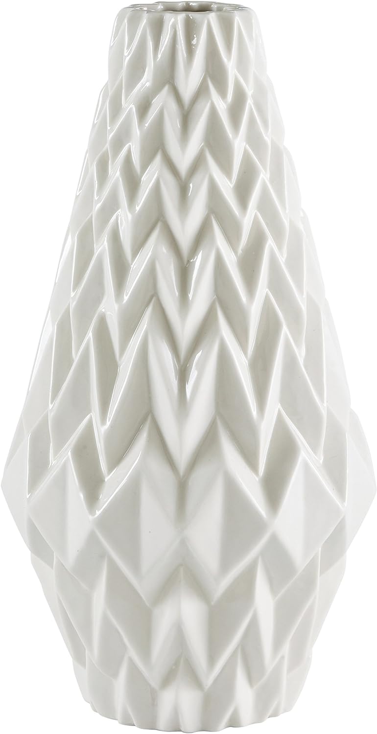 Amazon Brand  Rivet Modern Geometric Pattern Decorative Stoneware Vase, Large Centerpiece, 12.25H, White