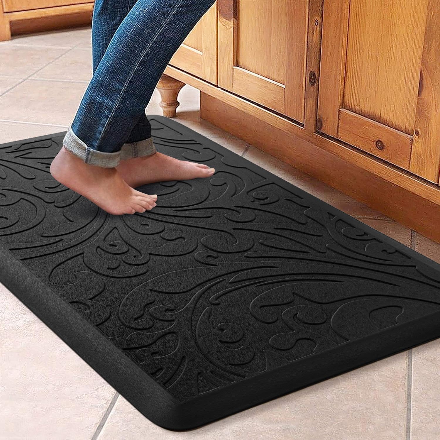 KMAT Kitchen Mat Cushioned Anti-Fatigue Waterproof Non-Slip Standing Mat Ergonomic Comfort Rug for Home,Office,Sink,Laundry,Desk 17.3 (W) x 28(L),Black