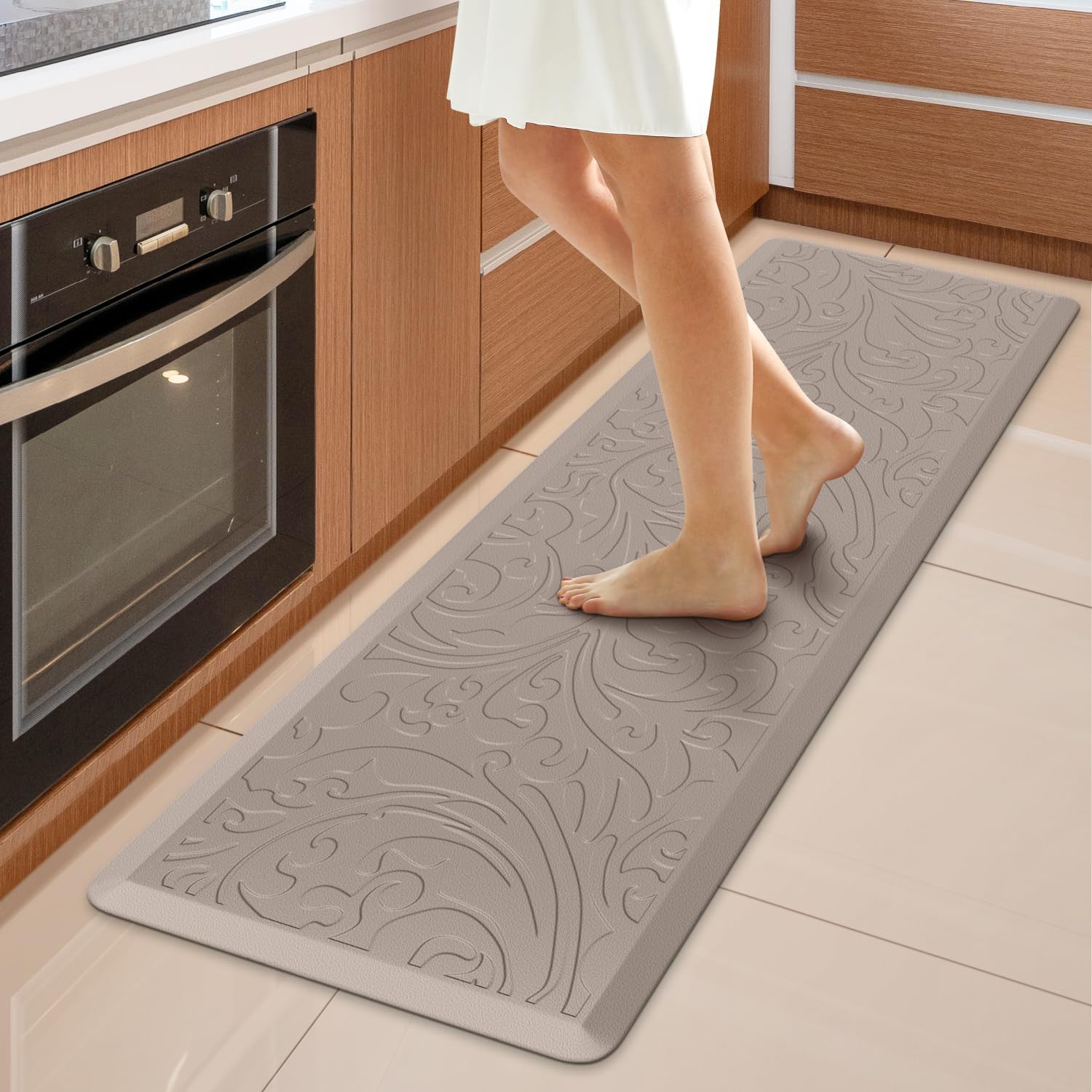 KMAT Kitchen Mat Cushioned Anti-Fatigue Waterproof Non-Slip Standing Mat Ergonomic Comfort Rug for Home,Office,Sink,Laundry,Desk 17.3 (W) x 60(L),Khaki