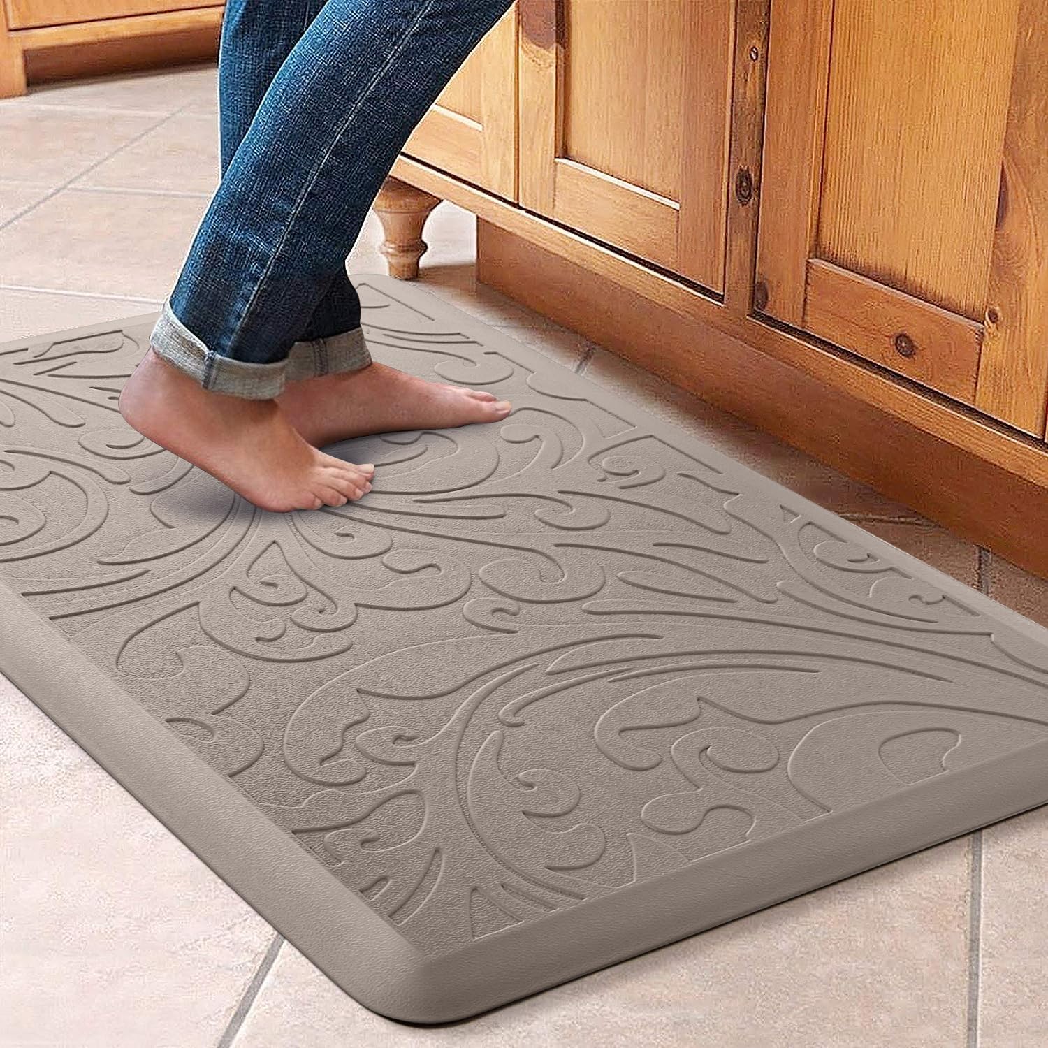 KMAT Kitchen Mat Cushioned Anti-Fatigue Waterproof Non-Slip Standing Mat Ergonomic Comfort Rug for Home,Office,Sink,Laundry,Desk 17.3 (W) x 28(L),Khaki