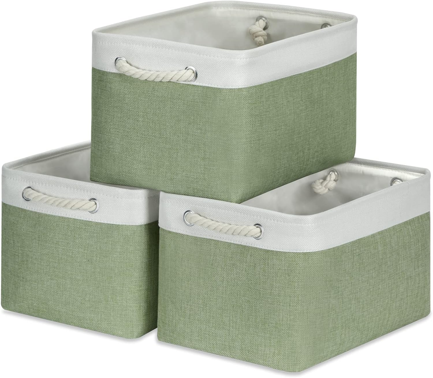 Temary Storage Baskets Fabric Storage Bins for Shelves, 3 Pack Canvas Storage Basket Boxes with Rope Handles for Organizing Toys, Baby Clothes (White&Green,15Lx11Wx9.5H Inches)