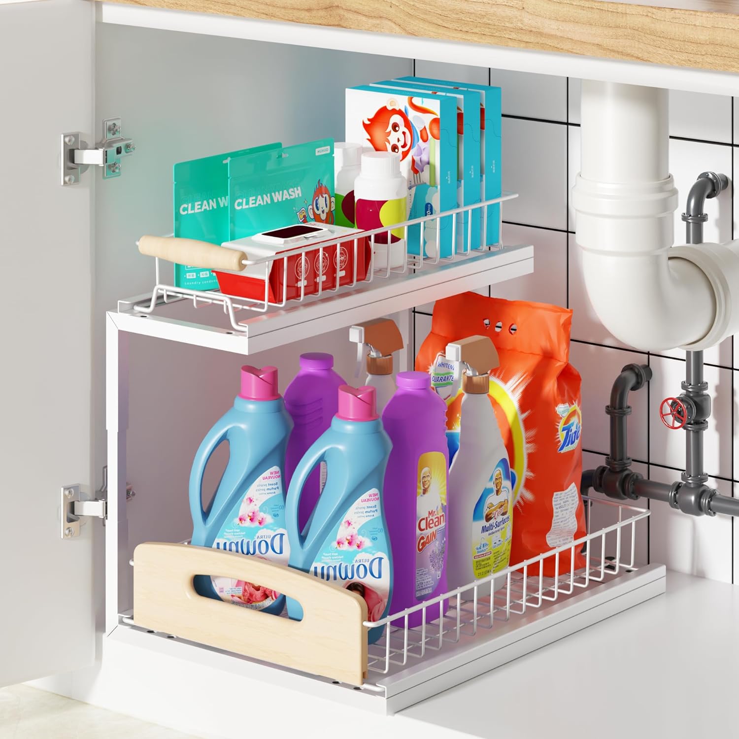 G-TING Under Sink Organizer 2 Tier, L Shaped Sliding Cabinet Basket Organizer, Slide Out Under Cabinet Storage, Multi-Purpose Pull Out Cabinet Organizer for Bathroom, Kitchen, White