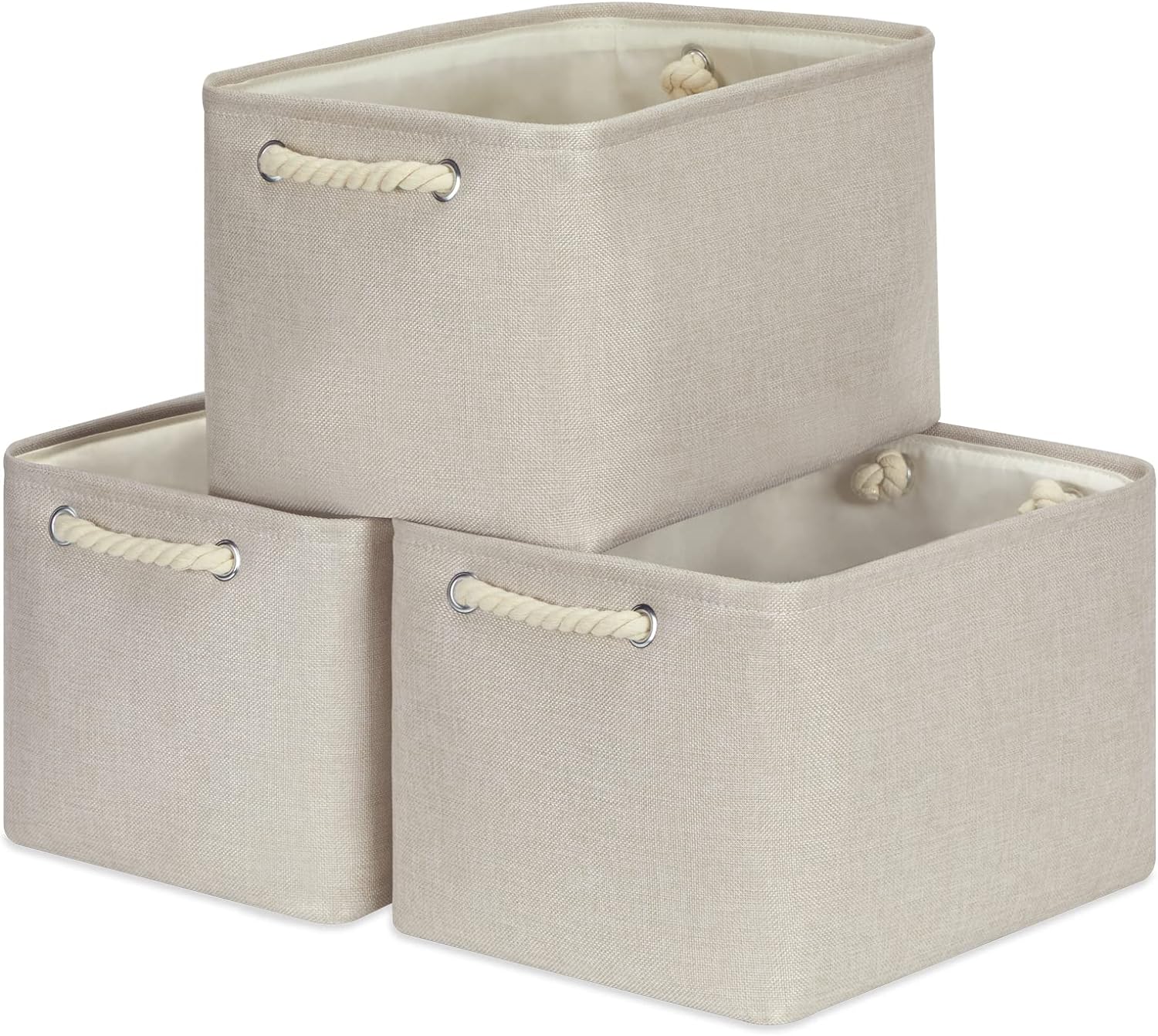 Temary Storage Baskets Fabric Bins for Closet, 3Pack Canvas Storage Basket Decorative Storage Boxes with Rope Handles for Organizing Toys, Baby Clothes, Books (Beige,15Lx11Wx9.5H Inches)