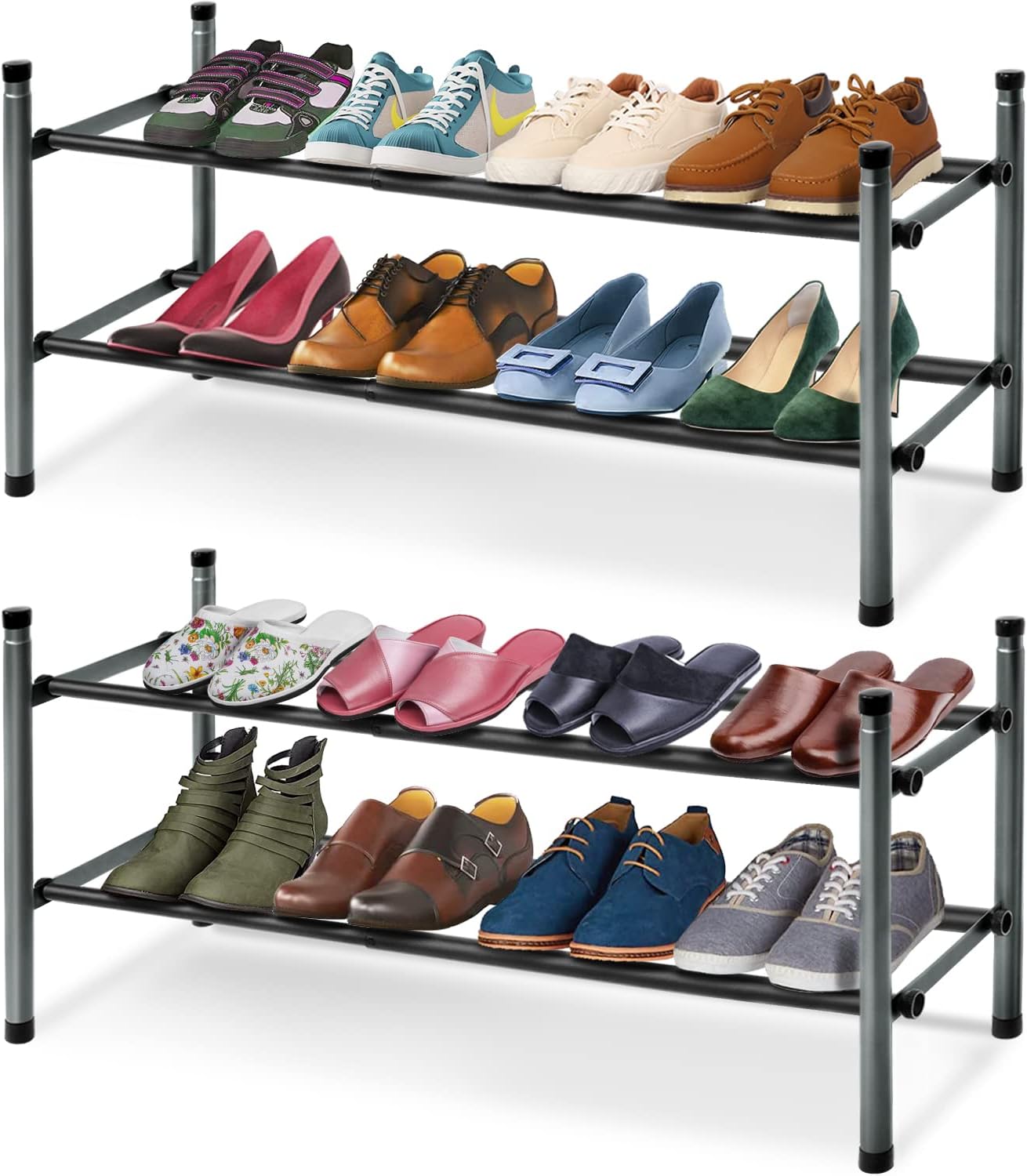 MULISOFT 2-Tier Metal Shoe Rack, Black/Grey, 8.8W x 17.7-32.5D x 13.8H