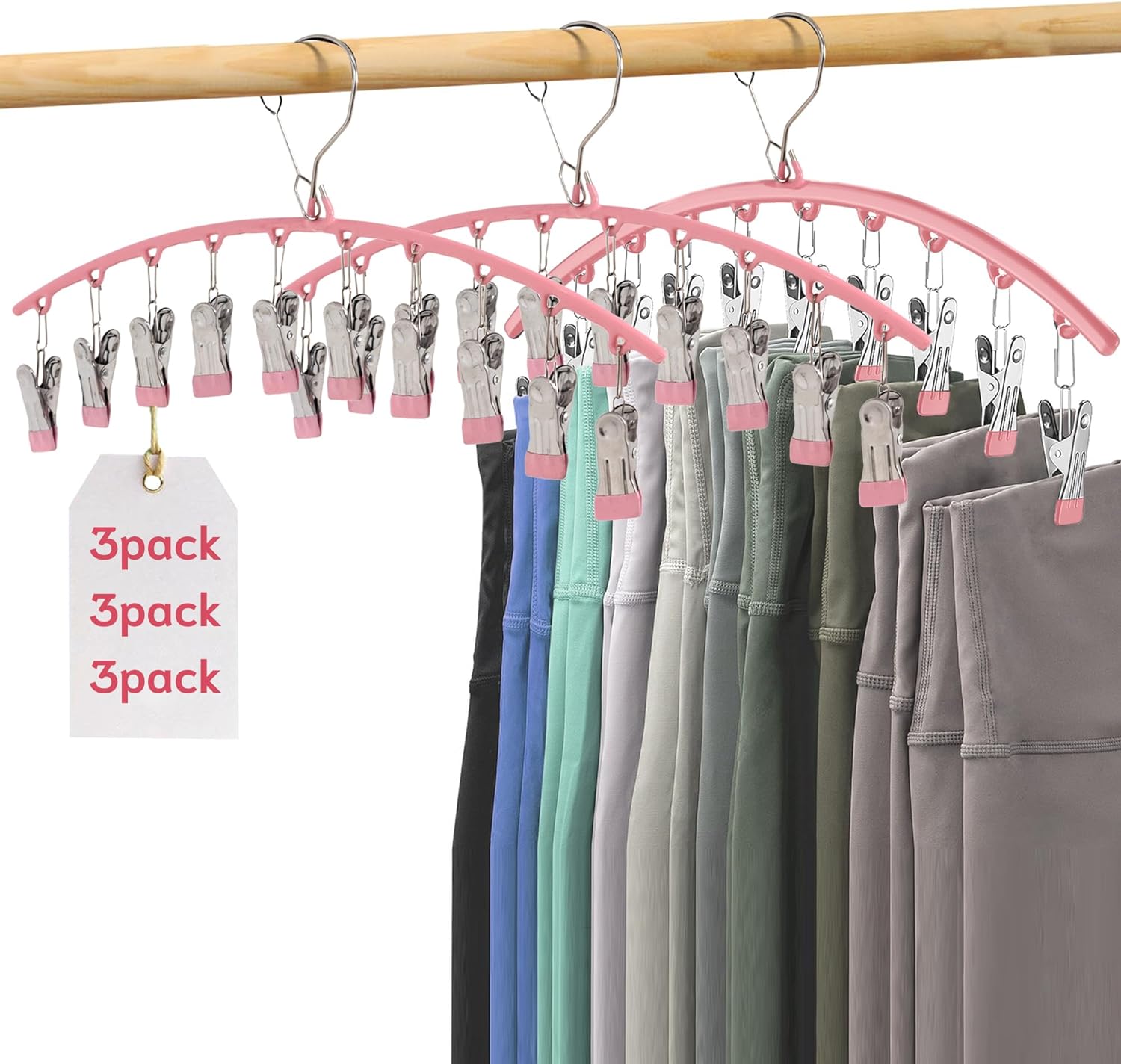 CIKEA Legging Organizer for Closet, Metal Pants Hangers with 10 Clips Holds 30 Yoga Pants/Leggings/Jeans/Skirts, Rubber Coated Closets Organizers and Storage, Pant Hangers Space Saving3 Pack (Pink)