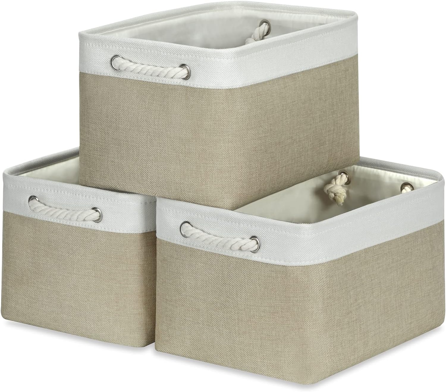 Temary Storage Baskets for Shelves, 3 Pcs Fabric Storage Bins Empty Gift Baskets for Organizing Clothes, Decorative Storage Basket with Rope Handles (White&Khaki,15Lx11Wx9.5H Inches)