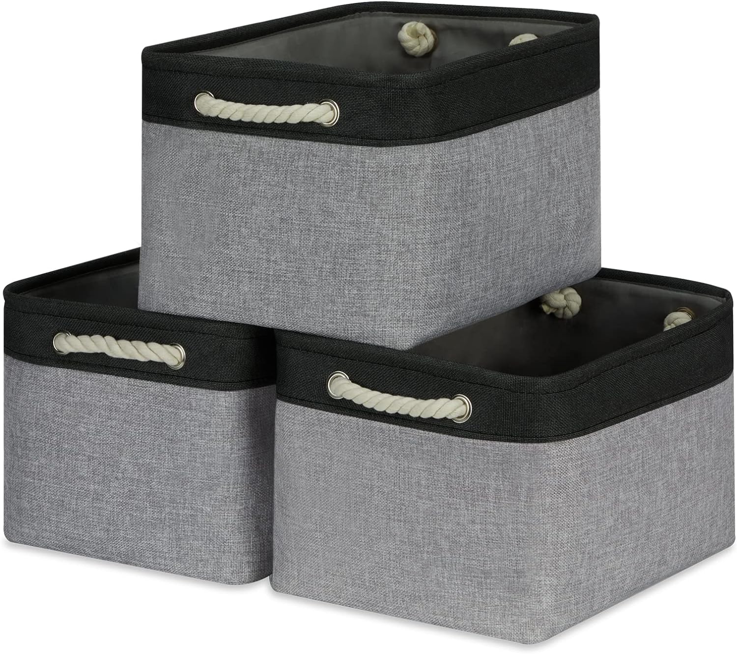 Temary Canvas Storage Baskets for Shelves, 3 Pcs Empty Gift Baskets for Organizing Clothes, Fabric Storage Bins with Rope Handles for Home (Black&Grey,15Lx11Wx9.5H Inches)