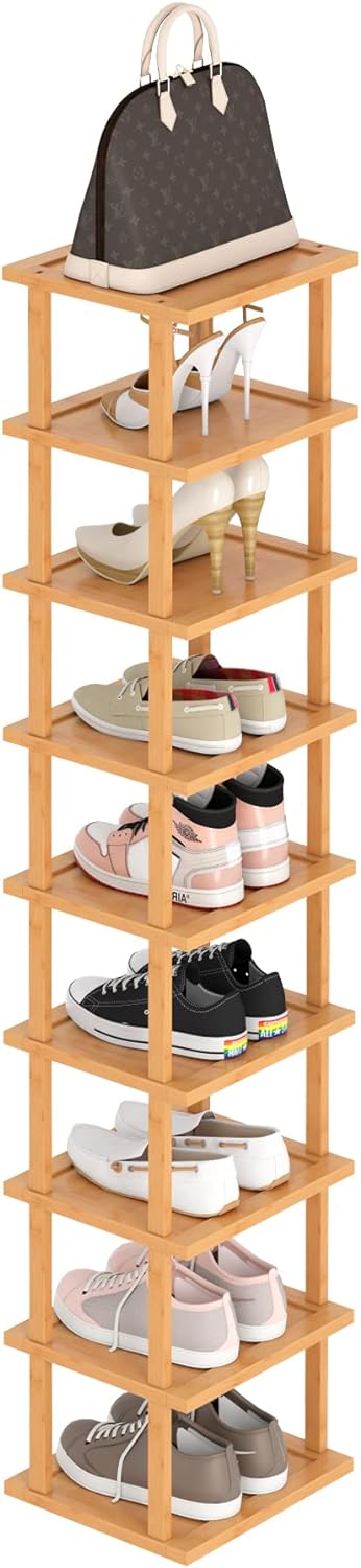 ACCSTORE 9 Tiers Shoe RackVertical Narrowness Shoe Shelf Storage RackRugged PergolaSpace SavingTall Narrow Shoe Rack for Hallway and Corner.