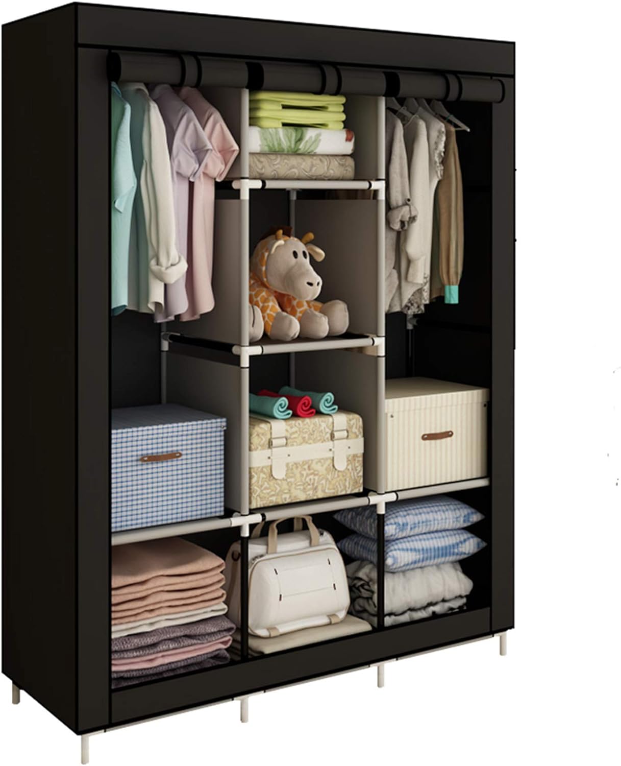 ACCSTORE Canvas Wardrobe Cupboard Clothes Storage Organiser with 2 Hanging Rail and 6 Shelves,Black