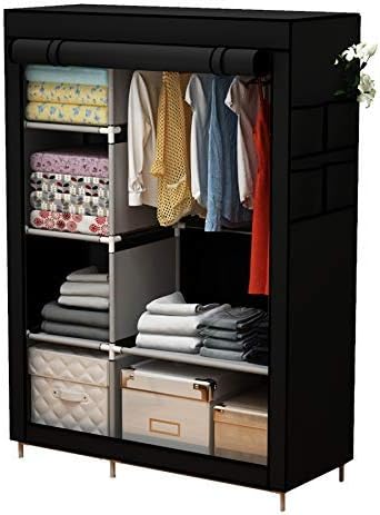 ACCSTORE Canvas Wardrobe Portable Wardrobe Clothes Storage with 6 Shelves and Hanging Rail,Black