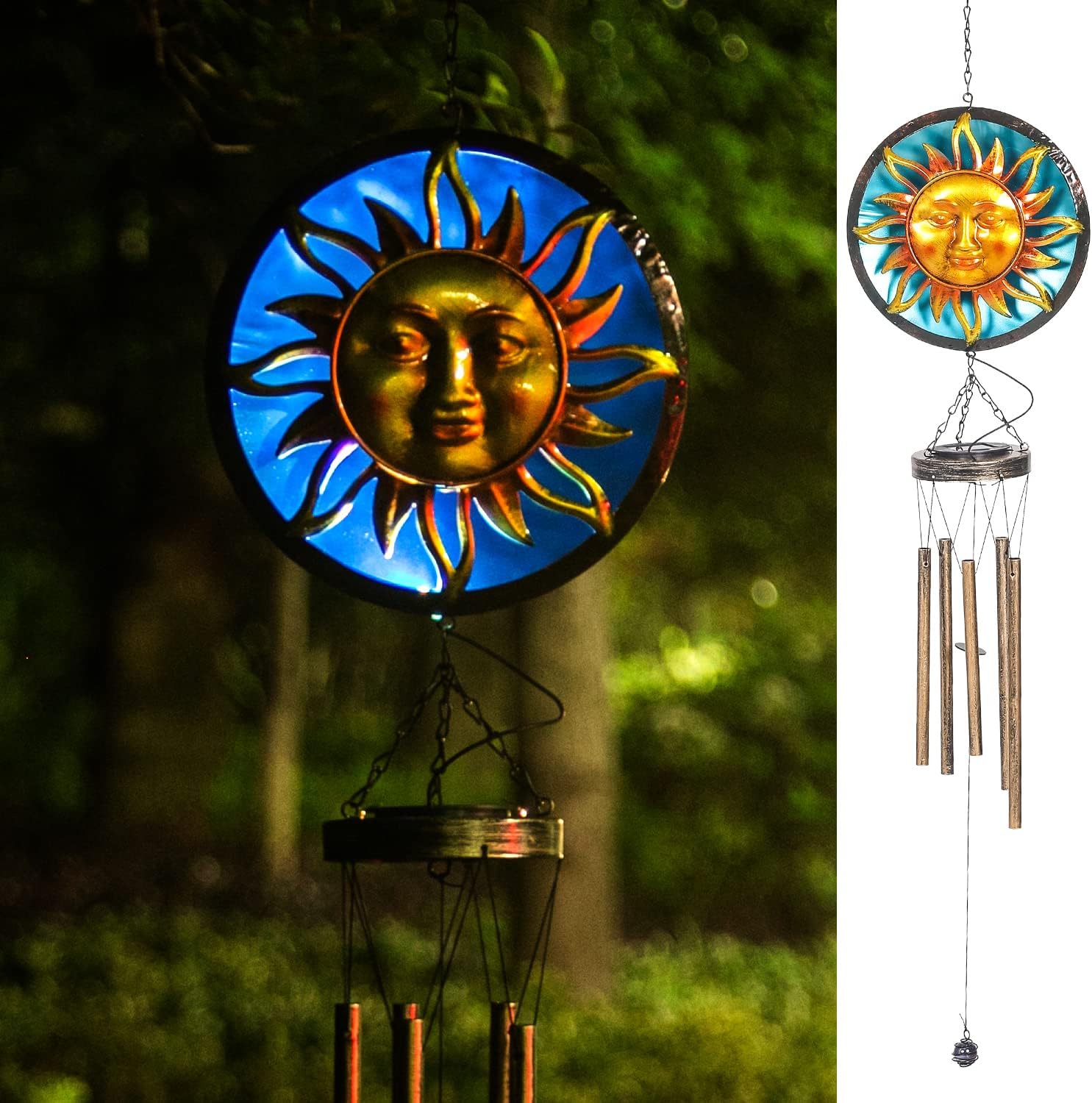 Adeco Solar Wind Chimes, Metal Sun Wind Chime Decor Outdoor Hanging Chime Waterproof LED Wind Bells for Outside Home Garden (Sun)