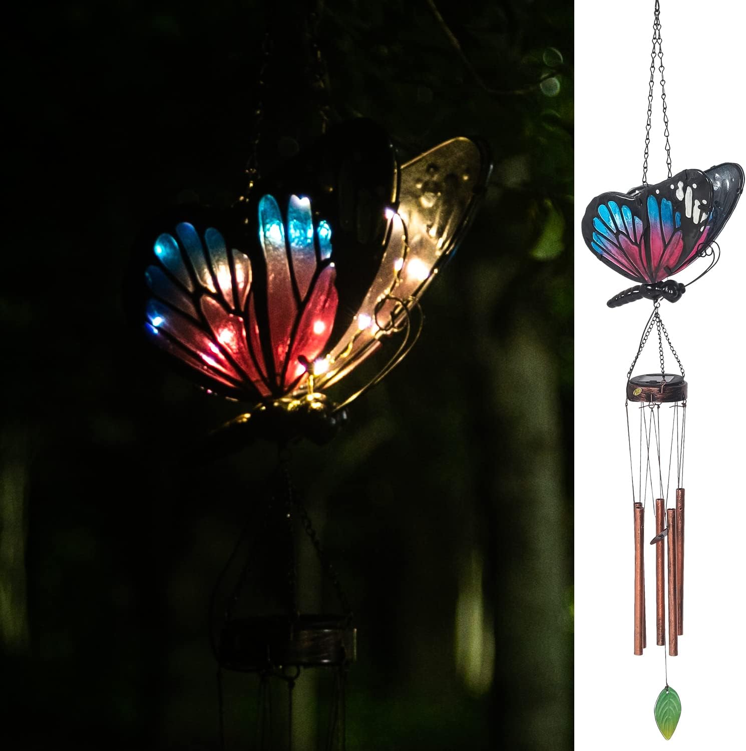 Adeco Retro Solar Butterfly Wind Chimes LED Outside Hanging Lights for Home Party Outdoor Garden Decor for Patio, Porch, Backyard, Memorial Windchimes, Birthday Gifts