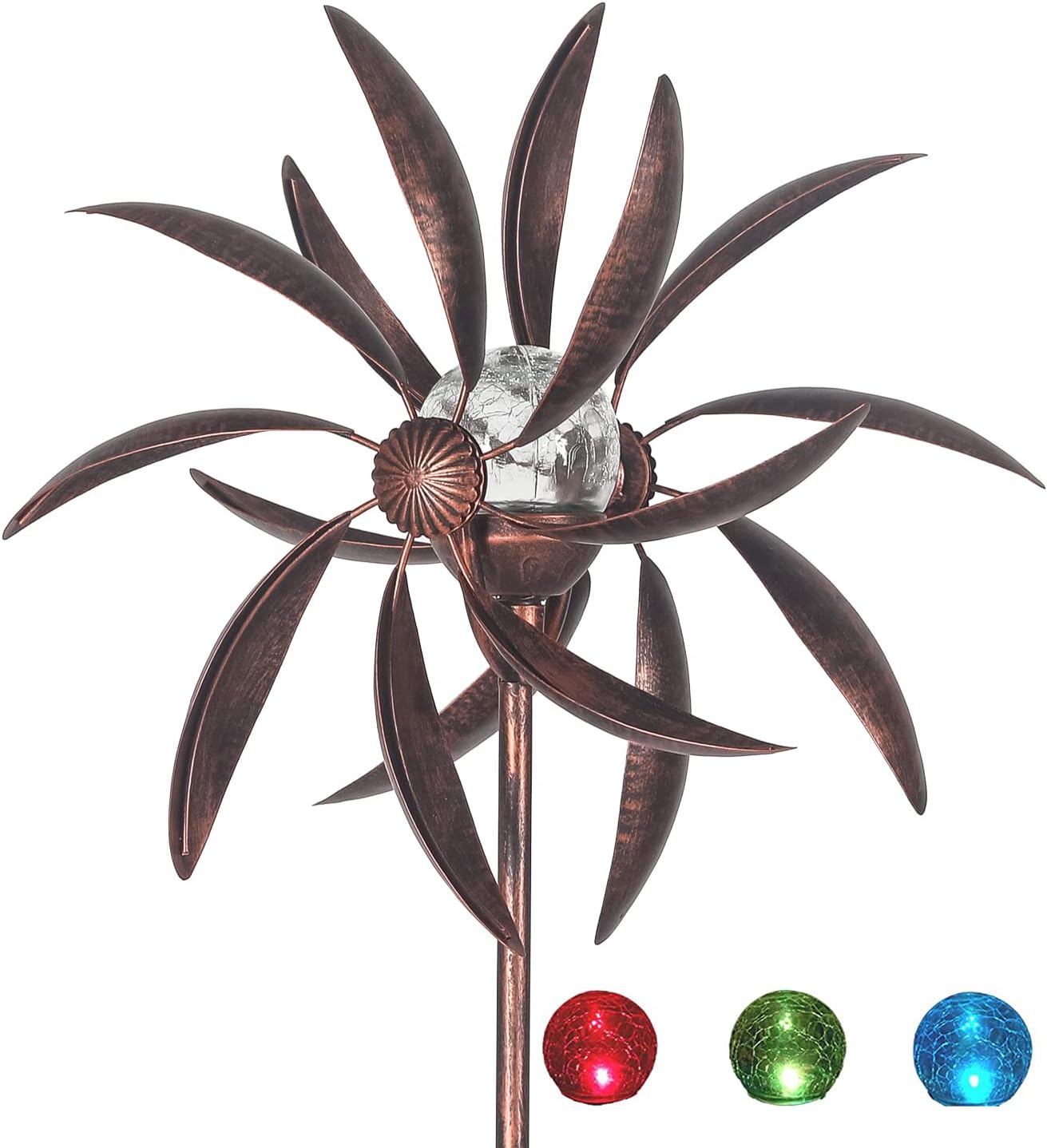 Adeco Metal Solar Wind Spinner Lights for Outdoor Decor, Multi-Color Auto-Changing Solar Lawn Ornaments Pinwheel Lights, Waterproof Kinetic Garden Sculpture for Patio, Yard, Pathway, Bronze Leaves