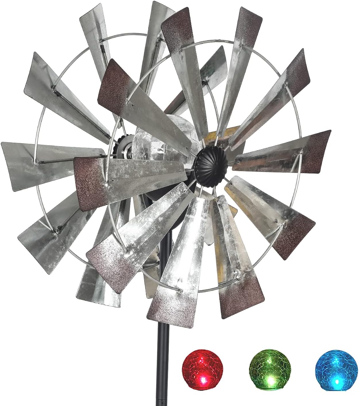 Adeco Metal Solar Wind Spinners Lights with Crackle Glass Ball for Outdoor Decor, Multi-Color Auto-Changing Solar Pinwheel Lights, Waterproof Kinetic Garden Sculptures for Patio, Yard, Pathway, Silver