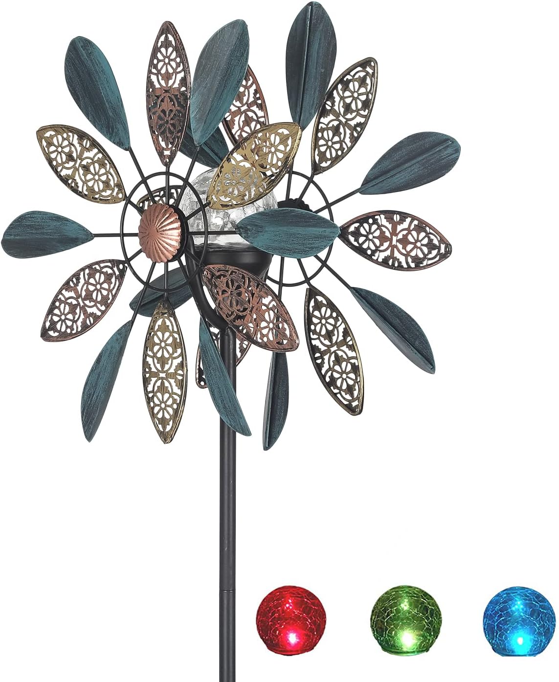 Adeco 59 H Metal Solar Wind Spinners Lights with Crackle Glass Ball for Outdoor Decor, Multi-Color Auto-Changing Solar Pinwheels Lights, Waterproof Kinetic Garden Sculpture for Patio, Yard, Pathway