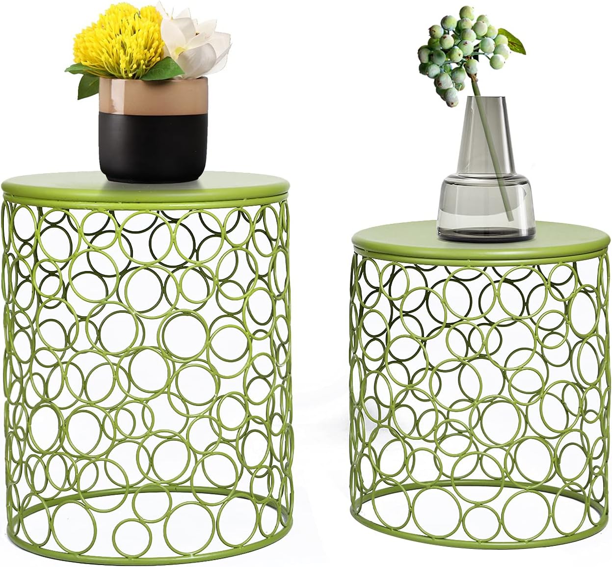 Adeco Home Garden Accents Circle Wired Round Iron Metal Nesting Stool Side End Table Plant Stand, Bubble Pattern, Olive Drab Green, Set of Two