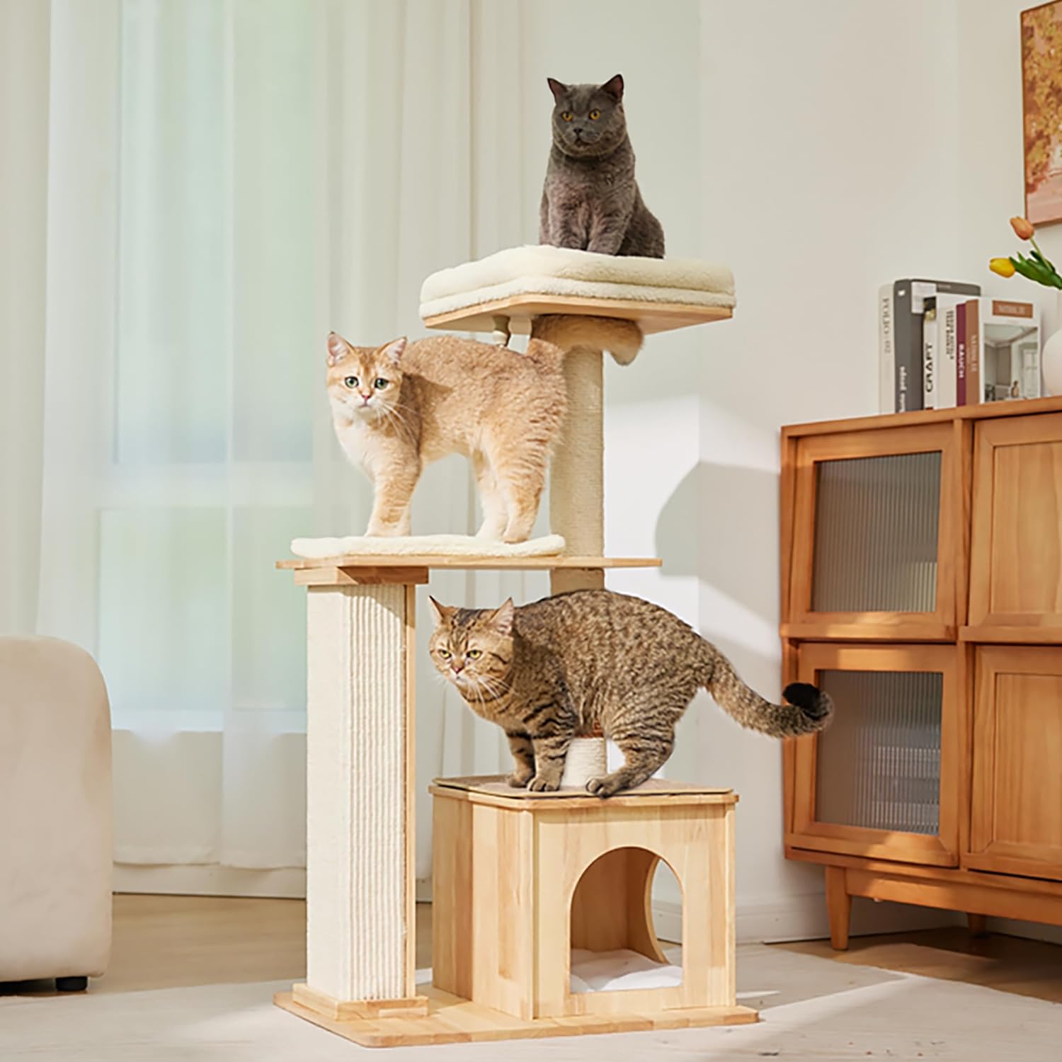 CIKEA Modern Wood Cat Tree for Large/Small Cats, Natural Solid Wooden Cat Tower with Natural Sisal Scratching Post, Funny Tickler, Cat Condo & Top Perch