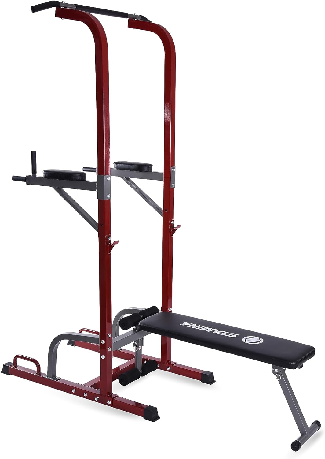 Stamina Full Body Power Tower 735 - Dip Bar with Built-in Bench and Rack - Pull Up Bar Station with Smart Workout App - Dip Bars for Home Workout - Up to 300 lbs Weight Capacity