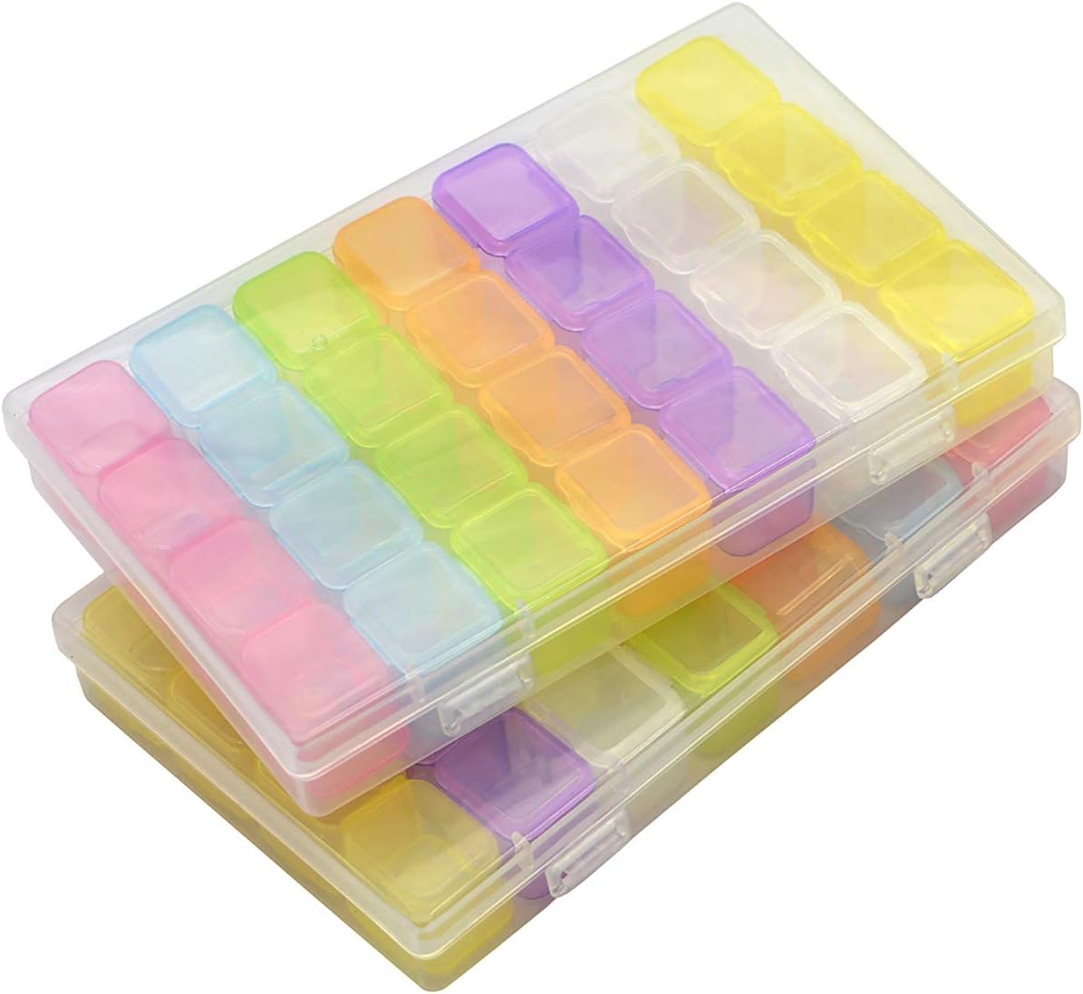 2 Pack 28 Grids Colorful 5D Diamond Painting Embroidery Box, Accessories Storage Containers Adjustable Bead Case with 196 Pcs Label Stickers (28 Grids-2pack Colorful)