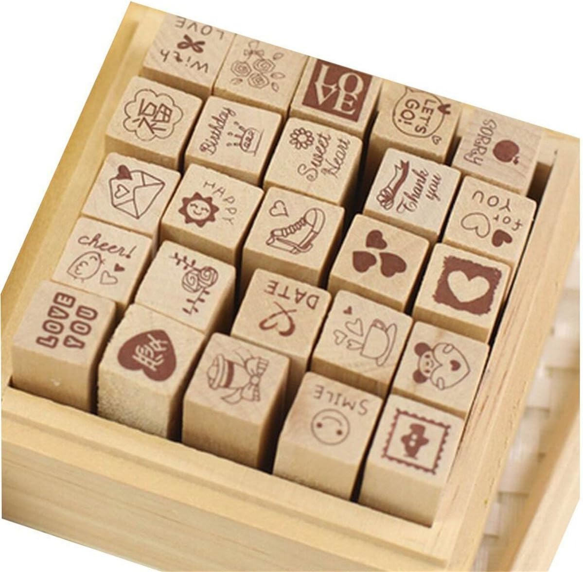 Pack of 25 Pcs Small Heart Shape Wooden Rubber Stamps with Box for DIY Craft Card and Photo Album (Red)