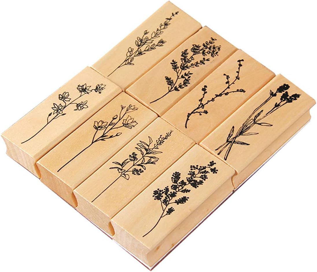 Yansanido Pack of 8 Pcs Plant and Flower Shape Wooden Rubber Stamps 2.5 Inch x 1 Inch x 0.6 Inch for DIY Craft Card and Photo Album (8Pcs Plant & Flower-02)