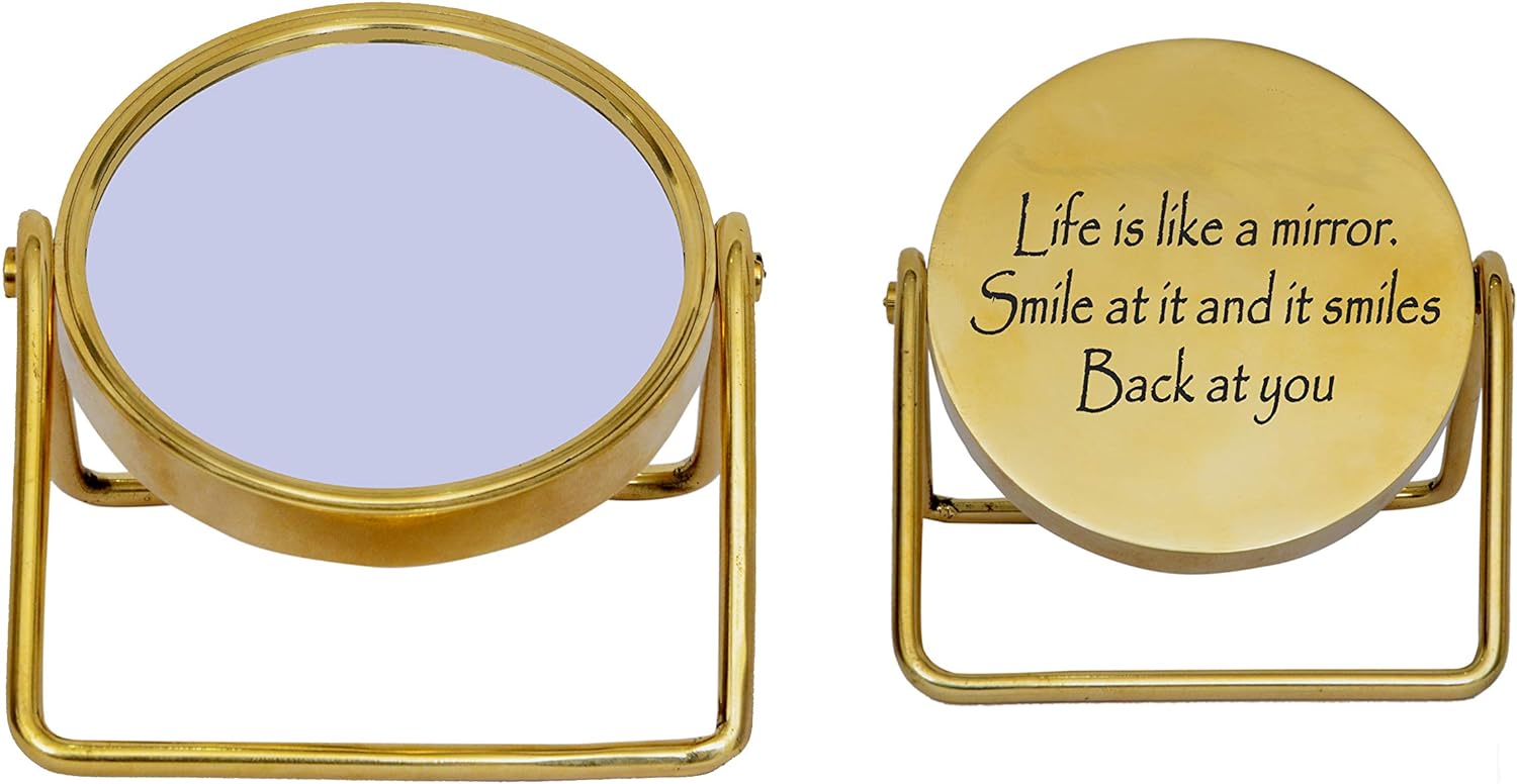 PORTHO Makeup Mirror Single Sided Folding Mirror Vintage 360 Rotation Solid Brass Cosmetic Round Beauty Mirror Handmade for Dresser Vanity Table Desk Gift Item