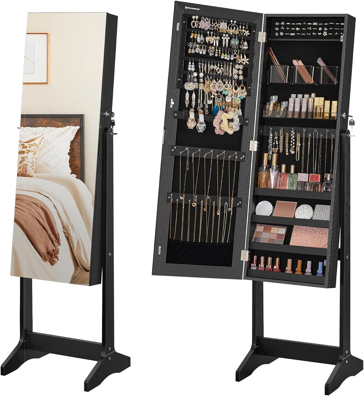 SONGMICS Jewelry Cabinet Armoire, Freestanding Lockable Storage Organizer Unit with 2 Plastic Cosmetic Storage, Full-Length Frameless Mirror, for Necklace Earring, Black UJJC002B01